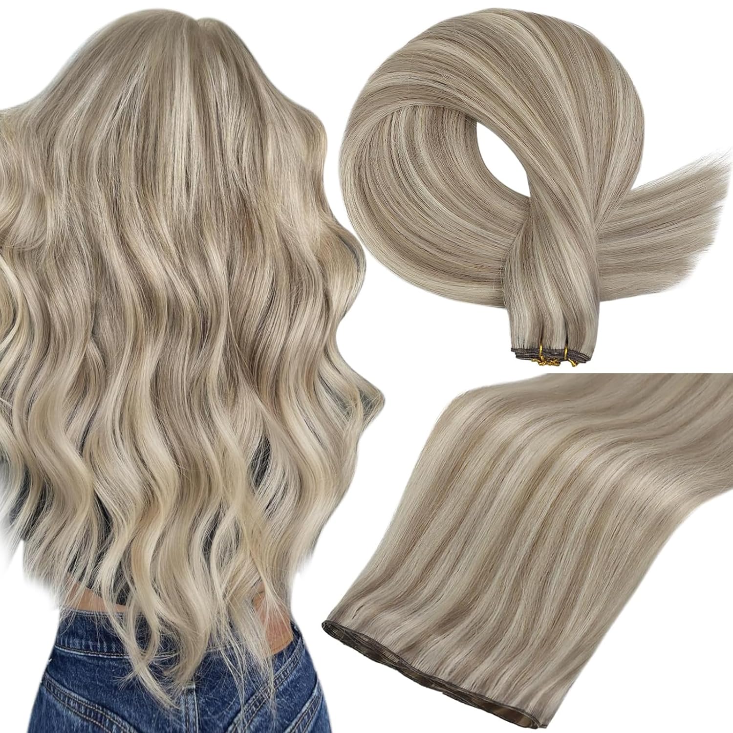 Full Shine 18 Inch Sew In Hair Extensions Real Human Hair Blonde Human Hair Bundles Genius Weft Hair Extensions Color Ash Blonde Highlight Bleach Blonde Hair Weft Hand Tied Double Weft Extensions 50G