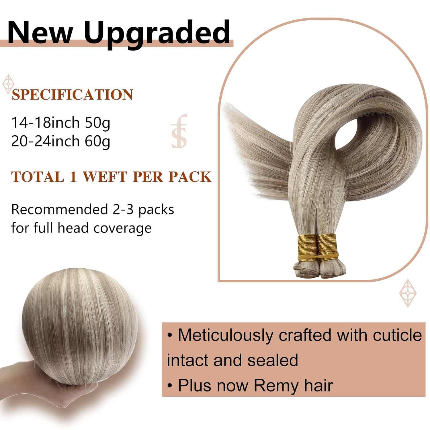 Full Shine 18 Inch Sew In Hair Extensions Real Human Hair Blonde Human Hair Bundles Genius Weft Hair Extensions Color Ash Blonde Highlight Bleach Blonde Hair Weft Hand Tied Double Weft Extensions 50G - Image 3