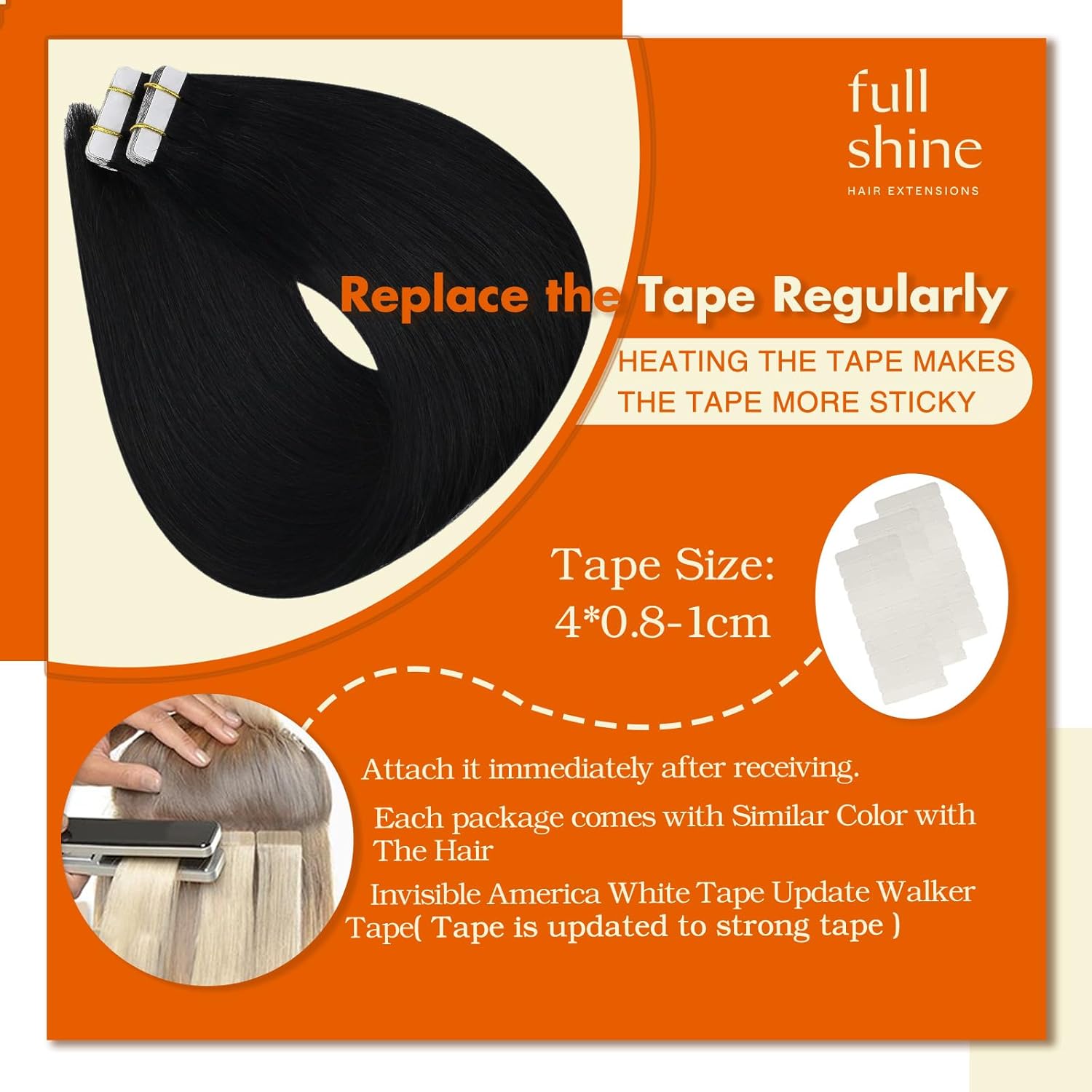 Full Shine Black Tape in Hair Extensions Human Hair 28Inch Human Hair Extensions Tape in 50G Long Silky Straight Extension Color 1 Jet Black Seamless Skin Weft 20Pcs Real Remy Soft Extension - Image 4