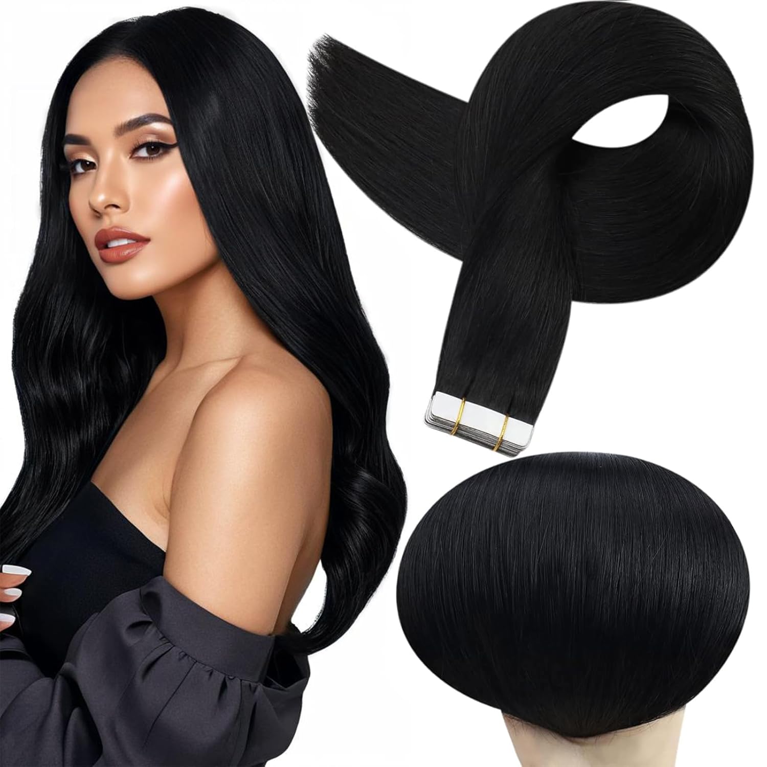 Full Shine Black Tape in Hair Extensions Human Hair 28Inch Human Hair Extensions Tape in 50G Long Silky Straight Extension Color 1 Jet Black Seamless Skin Weft 20Pcs Real Remy Soft Extension