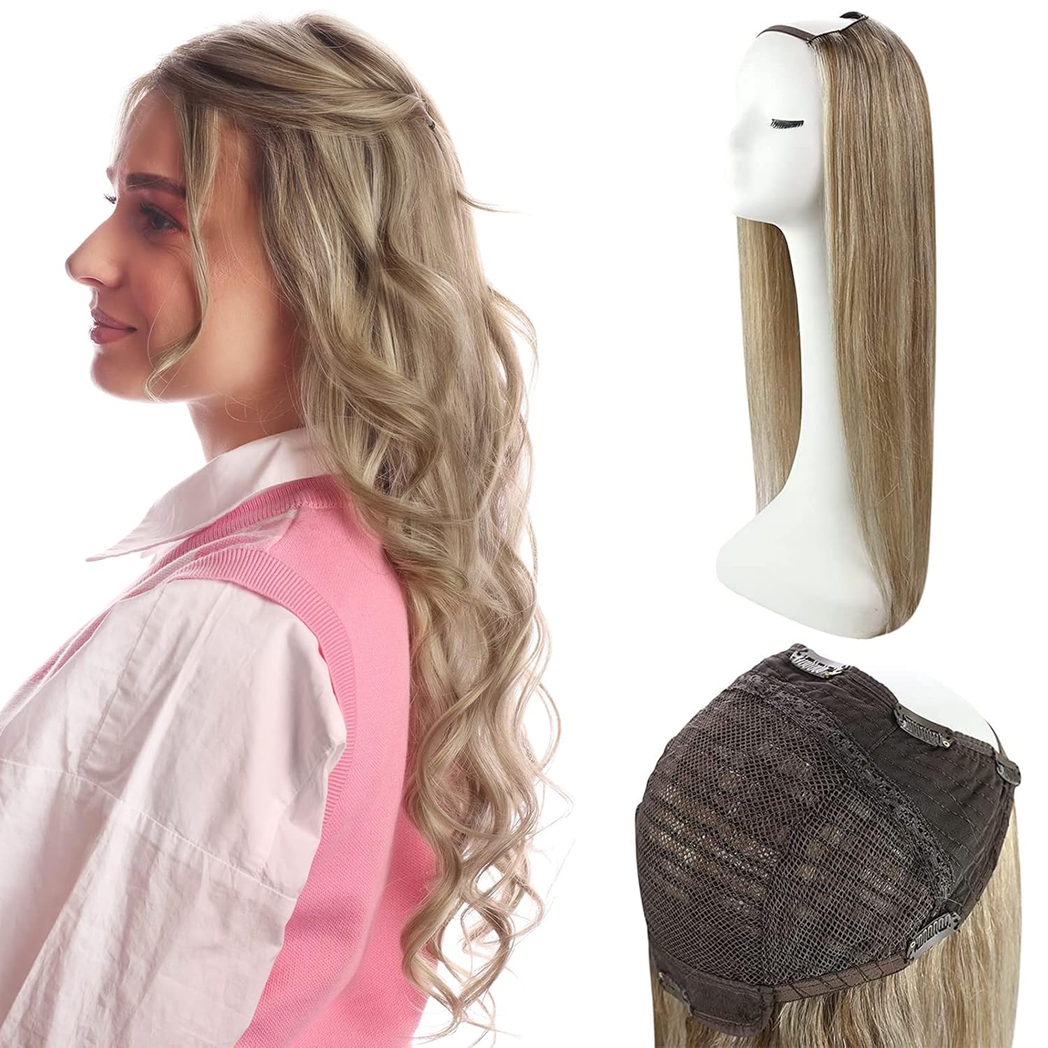 Full Shine U Wigs Human Hair U Part Natural Hair Brown Ombre to Blonde U Wig Human Hair for Women Clip in Hair Pieces 20 Inch Seamless Hair Extensions 150Grams