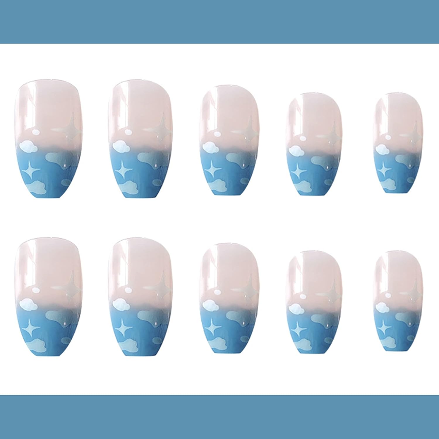 FULZTEY Coffin Press on Nails French Glossy Pink-Blue Cloud Full Cover Medium False Nails for Women Ballerina Nail Art DIY Acrylic Fake Nail Tips Stick on Nails 24Pcs - Image 5