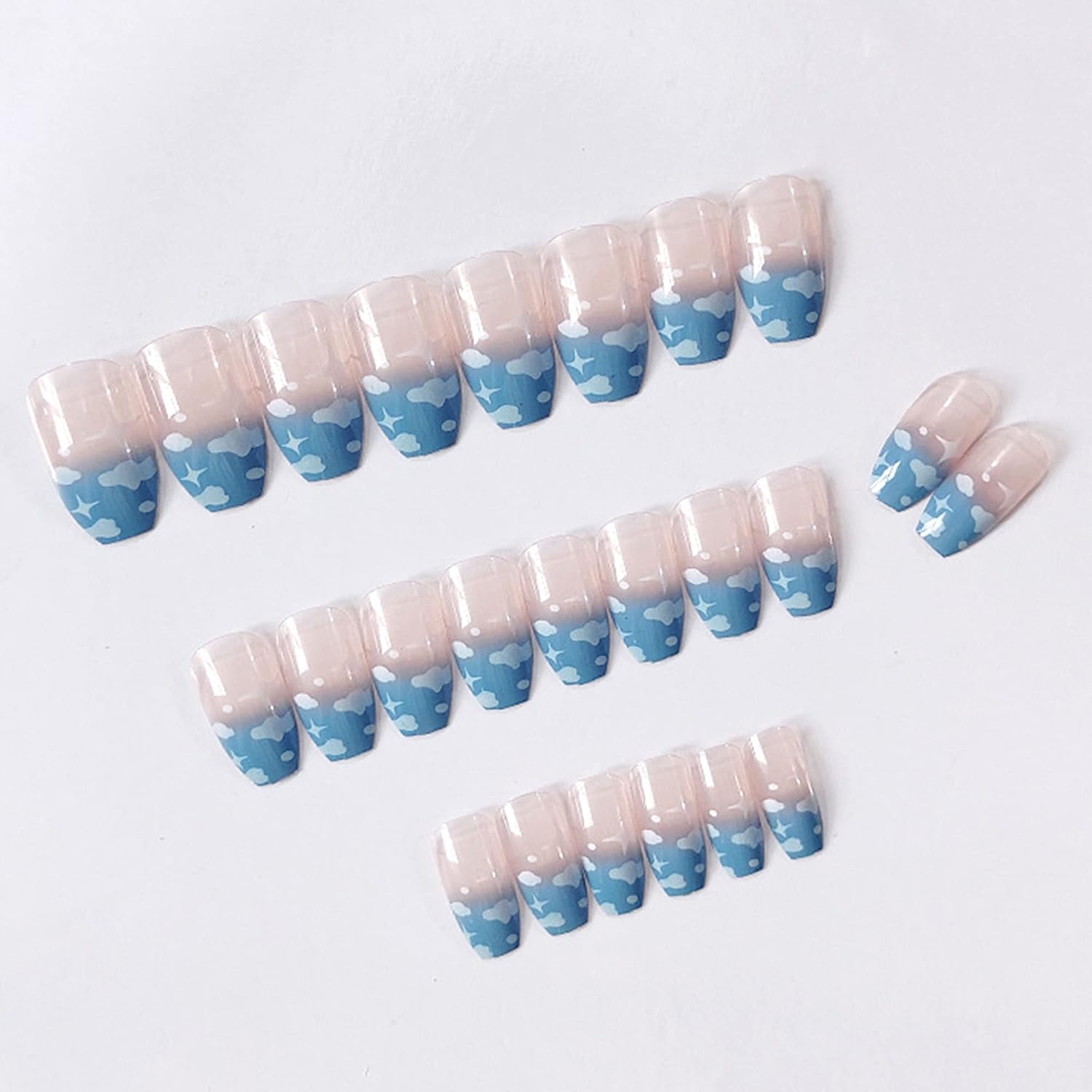 FULZTEY Coffin Press on Nails French Glossy Pink-Blue Cloud Full Cover Medium False Nails for Women Ballerina Nail Art DIY Acrylic Fake Nail Tips Stick on Nails 24Pcs - Image 2