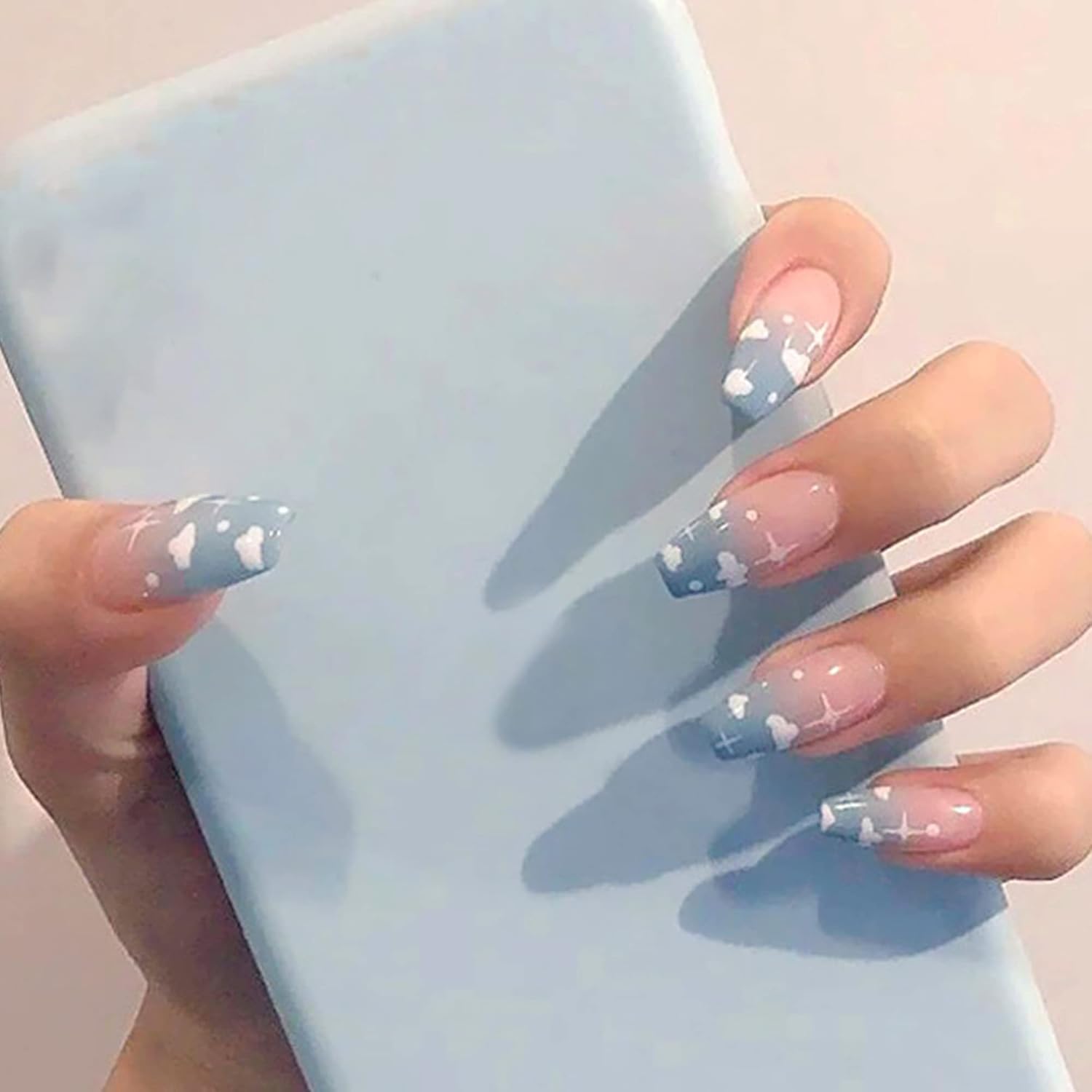 FULZTEY Coffin Press on Nails French Glossy Pink-Blue Cloud Full Cover Medium False Nails for Women Ballerina Nail Art DIY Acrylic Fake Nail Tips Stick on Nails 24Pcs - Image 4
