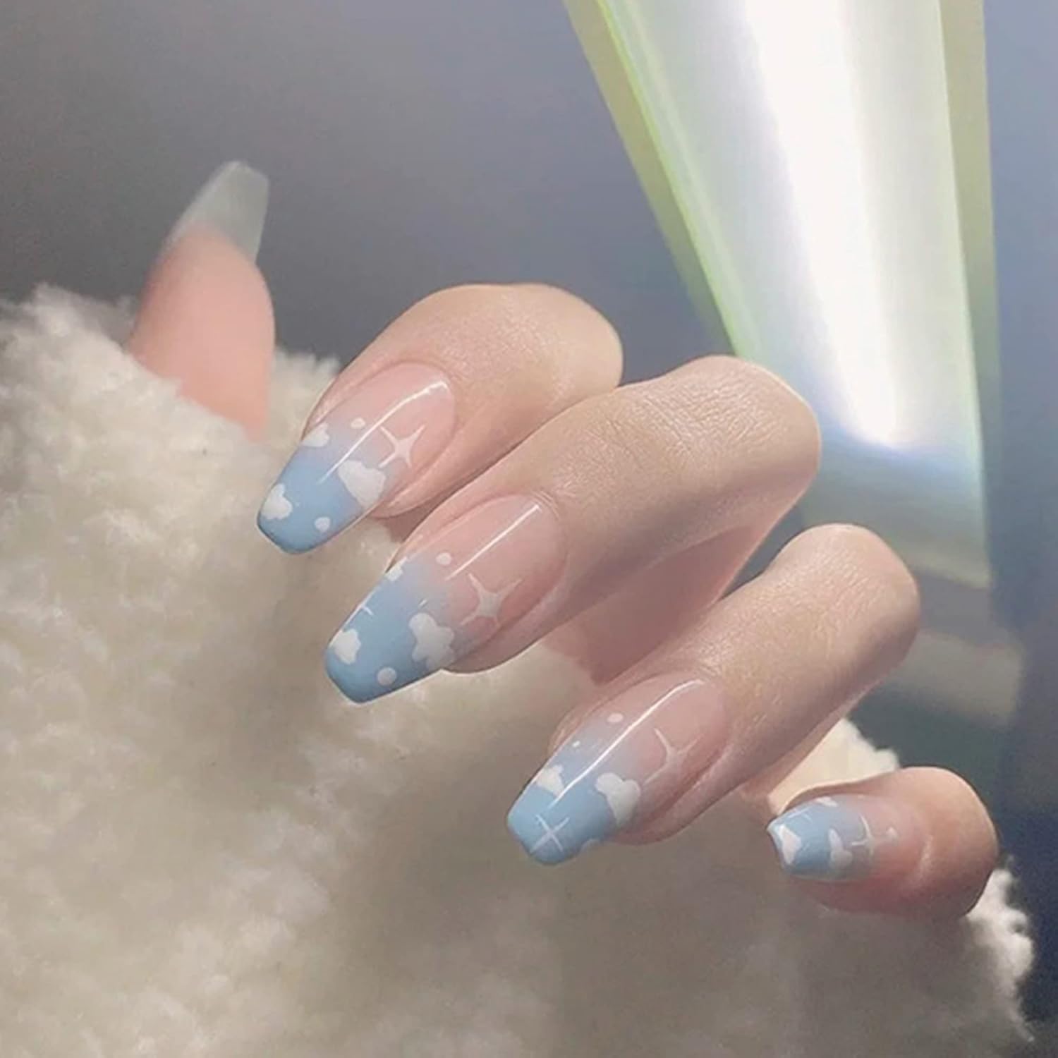 FULZTEY Coffin Press on Nails French Glossy Pink-Blue Cloud Full Cover Medium False Nails for Women Ballerina Nail Art DIY Acrylic Fake Nail Tips Stick on Nails 24Pcs - Image 3