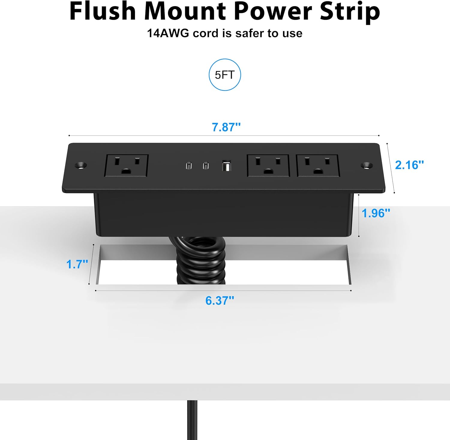Furniture Drawer Outlet, Recessed Power Strip with (3) PD 20W USB Ports Fast Charging & (3) 15 Amp AC Outlets, (14 AWG) 5 FT Spring Black Cord - Image 7