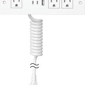Furniture Drawer Outlet, Recessed Power Strip with (3) PD 20W USB Ports Fast Charging & (3) 15 Amp AC Outlets, (14 AWG) 5 FT White Spring Cord