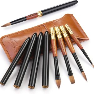Fuumuui 4pcs Elegant Kolinsky Sable Watercolor Brushes - Travel Kit with Leather Pouch Perfect for Gouache Ink Painting