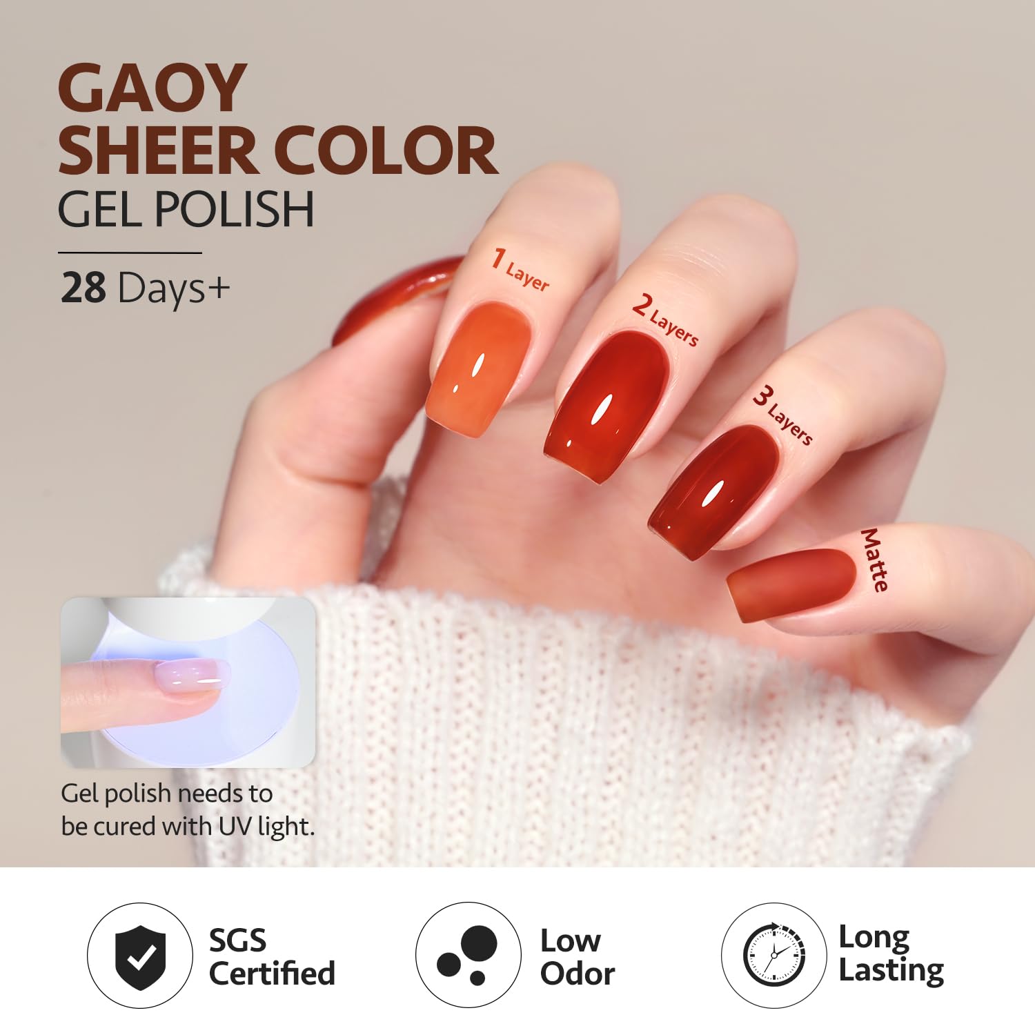 GAOY Jelly Brown Gel Nail Polish Set, 6 Transparent Colors Dark Red Orange Pumpkin Soak Off UV Light Cure Gel Polish Kit for Salon and Nail Art DIY at Home - Image 5