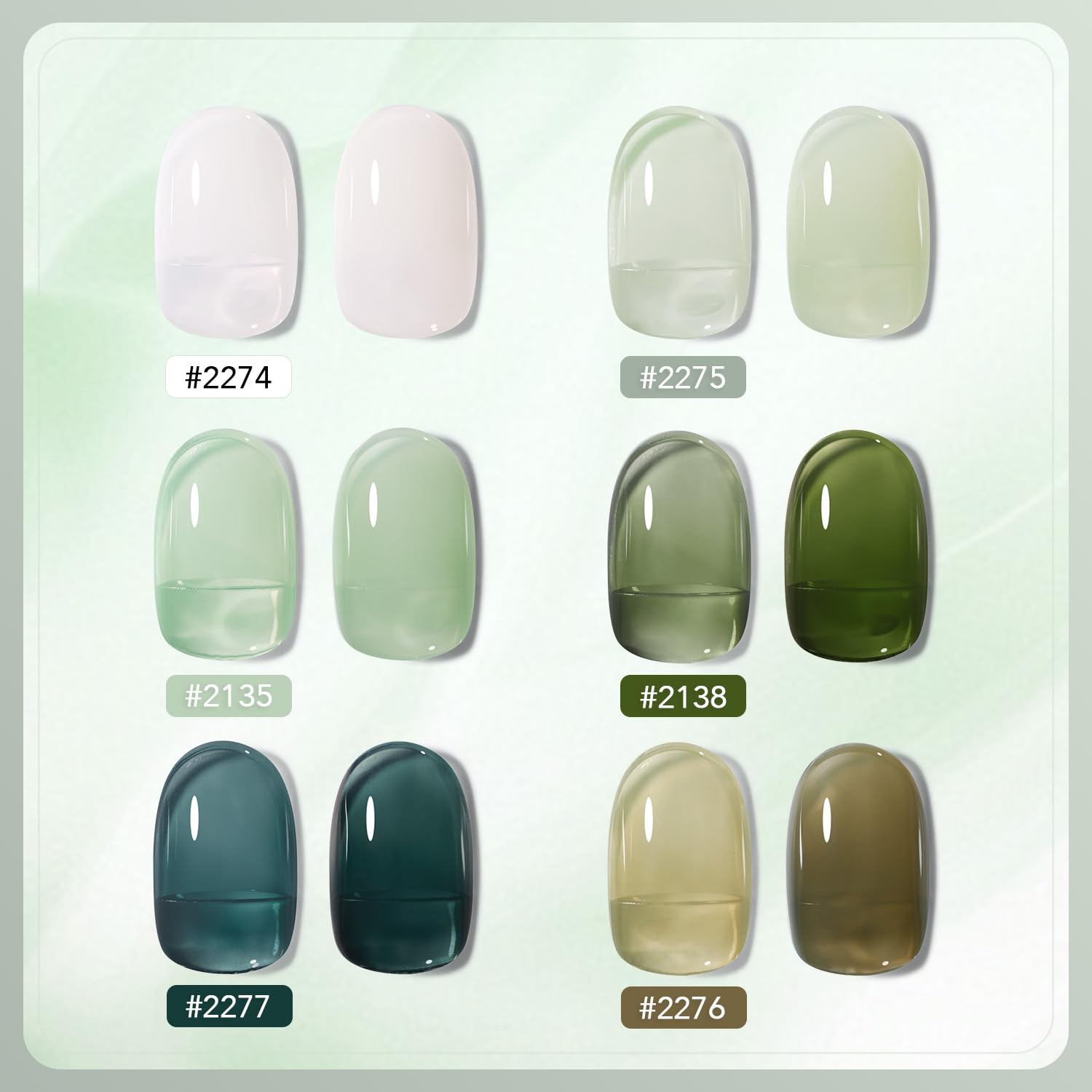 GAOY Jelly Green Gel Nail Polish Set, 6 Transparent Colors Sheer White, Soak Off UV Light Cure Gel Polish for Salon and Nail Art DIY at Home, Emerald Green - Image 2