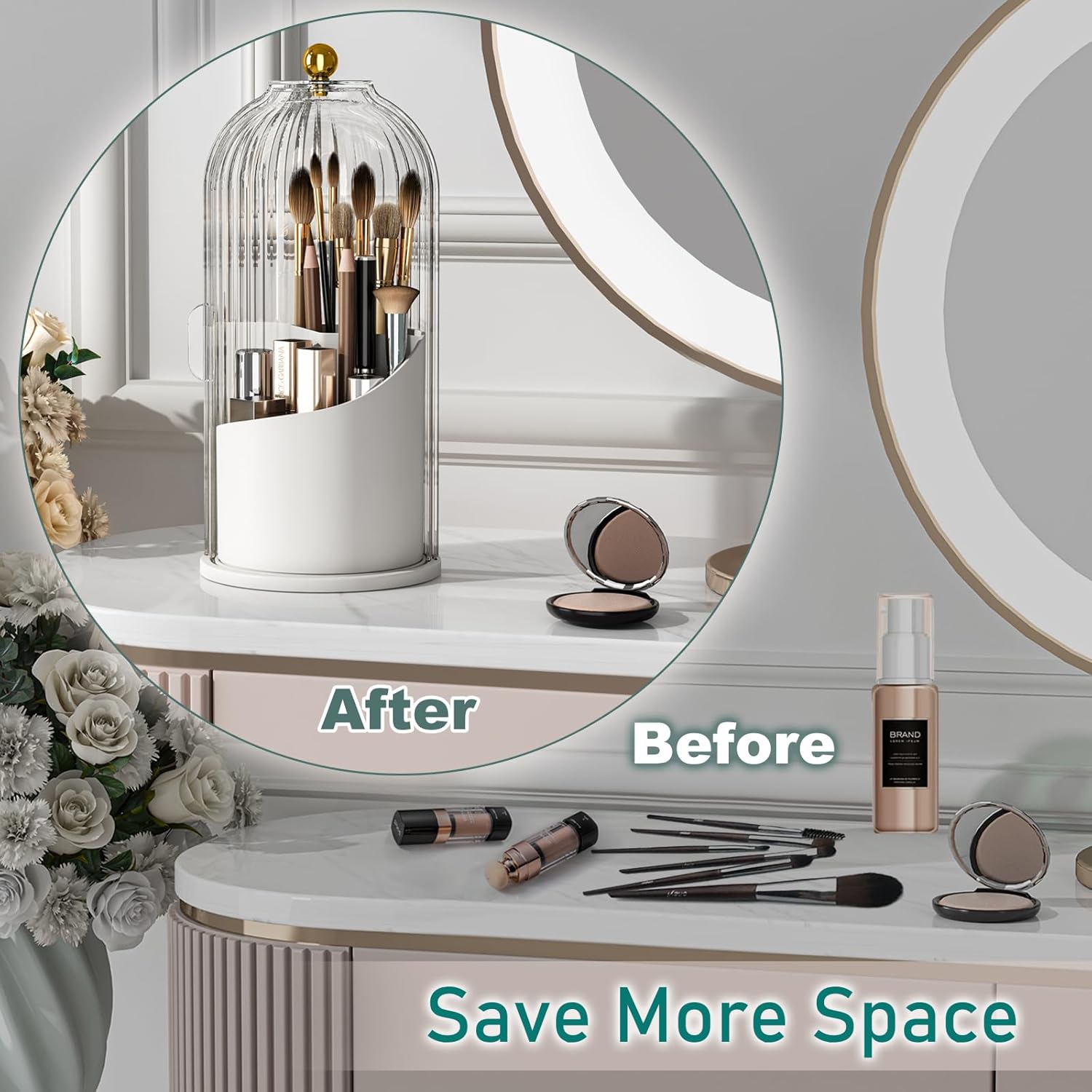 GAXmi Makeup Brush Holder with Lid Cosmetic Tools Organizer 360 Rotating Waterproof Dustproof Makeup Brushes Storage for Vanity, Grey - Image 5