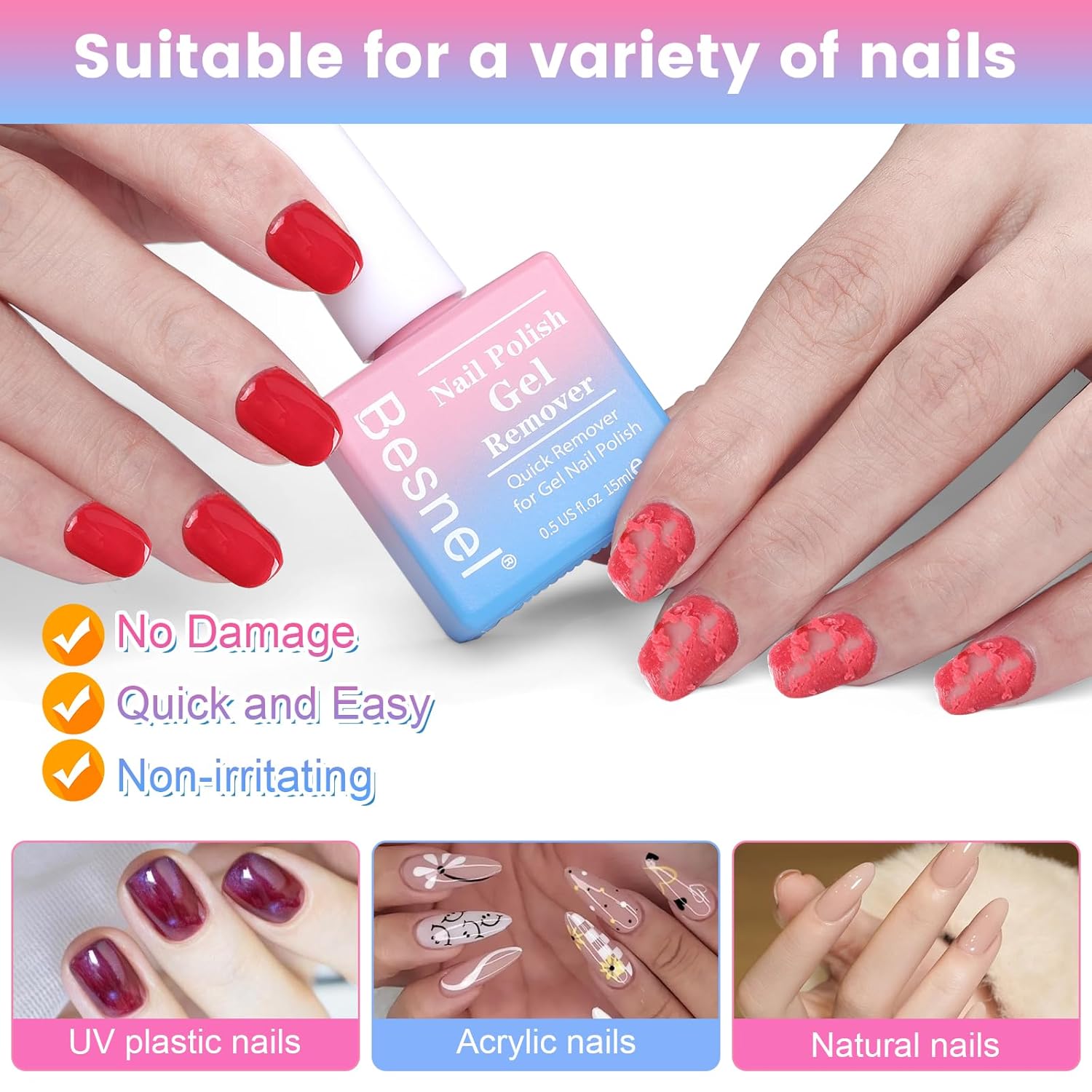 Gel Nail Polish Remover, Professional Gel Polish Remover for Nails Non-Irritating Easily & Quickly Remove Nail Polish, Gel Remover Tools Kit Nail File Cuticle Pusher Nail File Grit - Image 4