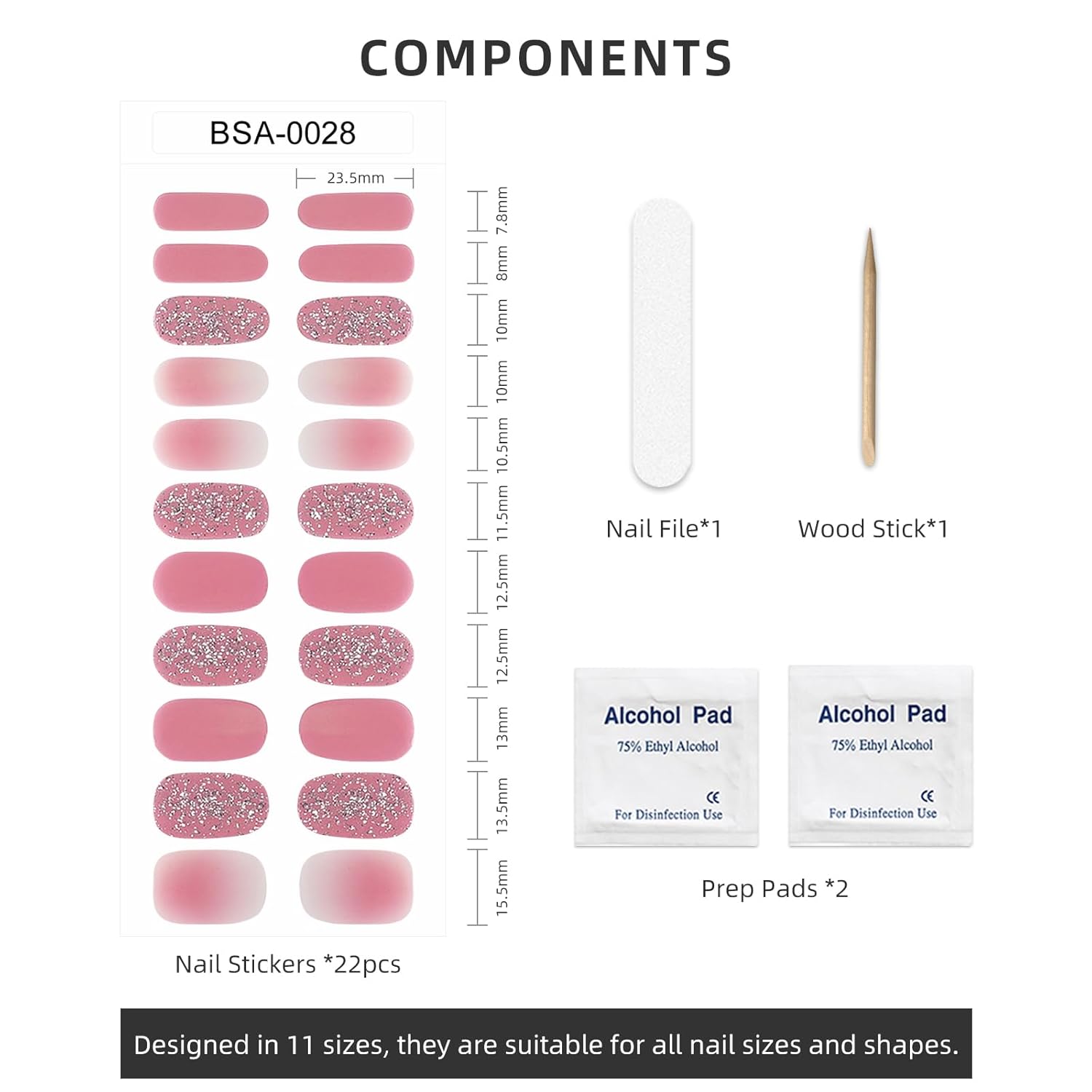 Gel Nail Strips No UV Light Needed, 22Pcs Pink Silver Glitter Gel Nail Stickers for Women, Long Lasting Nails Polish Strips, Easy to Apply & Remove - Image 6