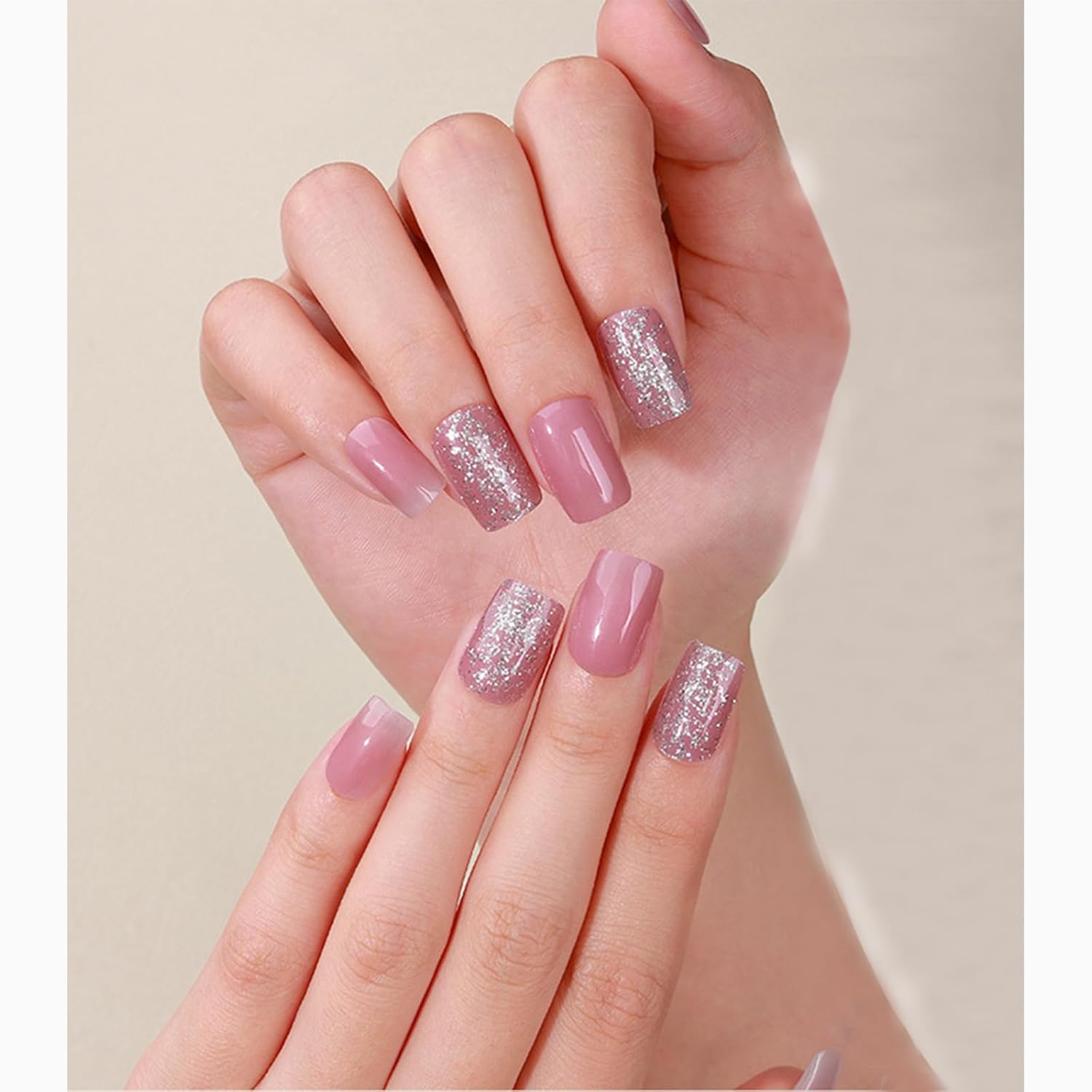 Gel Nail Strips No UV Light Needed, 22Pcs Pink Silver Glitter Gel Nail Stickers for Women, Long Lasting Nails Polish Strips, Easy to Apply & Remove - Image 5