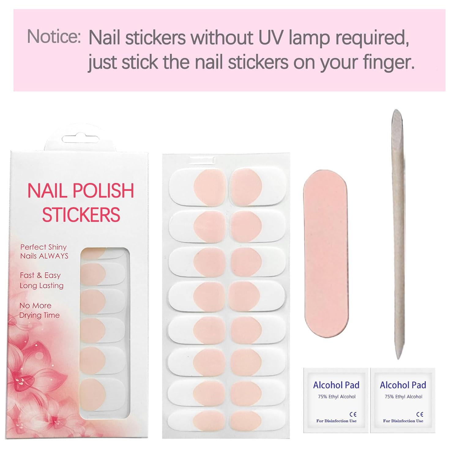 Gel Nail Strips, White Pink French Gel Nails Stickers, UV Free, Long Lasting 16 Nail Wraps for Women, French Tip Nails Polsih Stickers, Includes 1 File, 1 Wooden Stick and 2 Prep Pad - Image 4