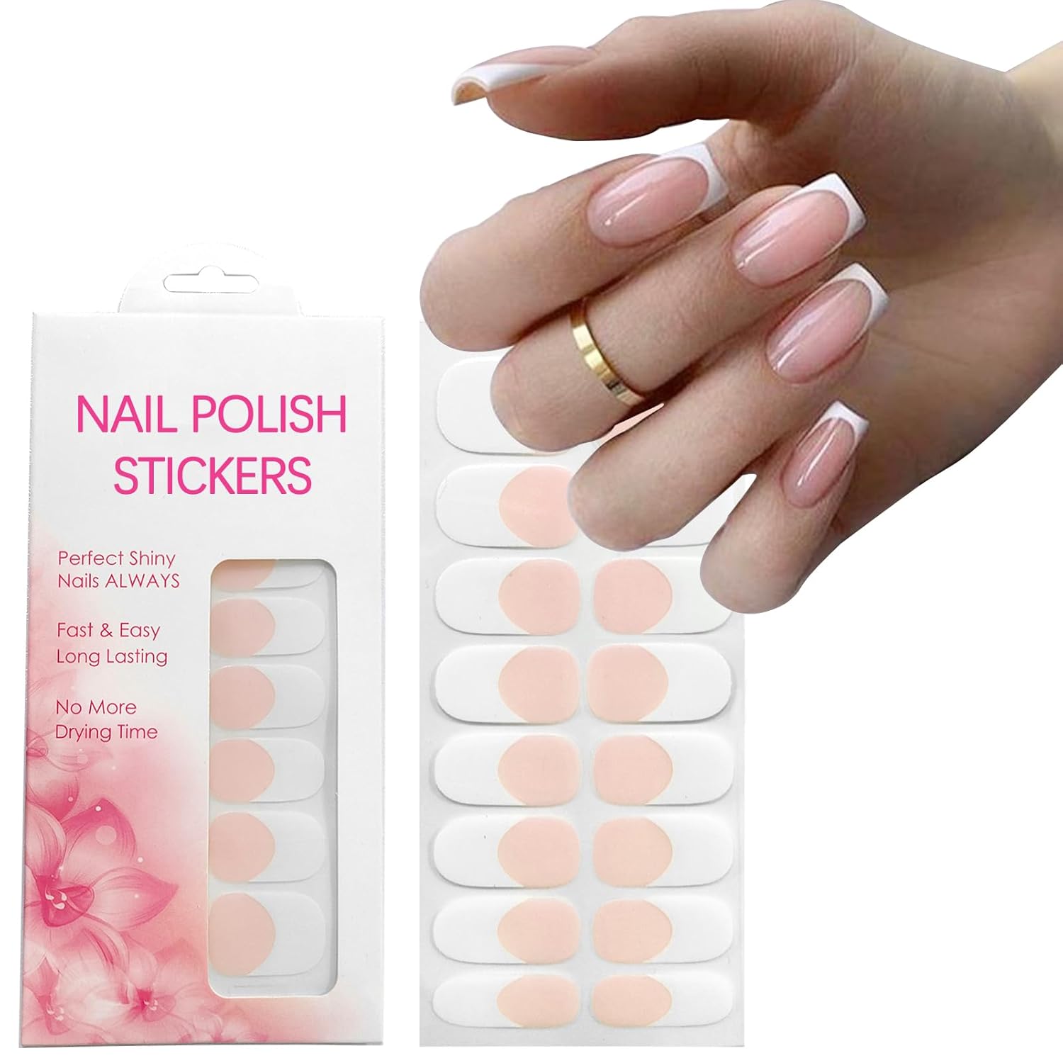 Gel Nail Strips, White Pink French Gel Nails Stickers, UV Free, Long Lasting 16 Nail Wraps for Women, French Tip Nails Polsih Stickers, Includes 1 File, 1 Wooden Stick and 2 Prep Pad