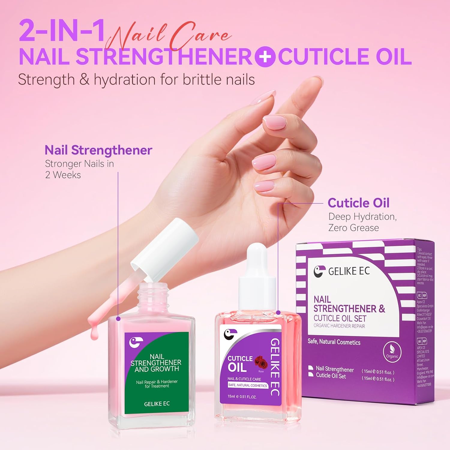 Gelike EC Colorful Nail Growth Kit: Pink Nail Hardener & Rose Nail Growth Oil Set - Strengthen Brittle Nails with Floral Scent - Natural Acrylic Formula - Gift for Women Brides - Image 2