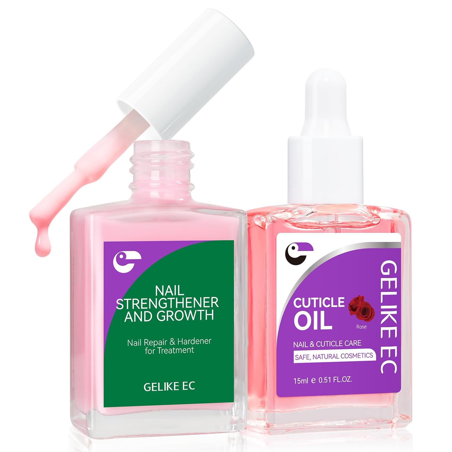 Gelike EC Colorful Nail Growth Kit: Pink Nail Hardener & Rose Nail Growth Oil Set - Strengthen Brittle Nails with Floral Scent - Natural Acrylic Formula - Gift for Women Brides