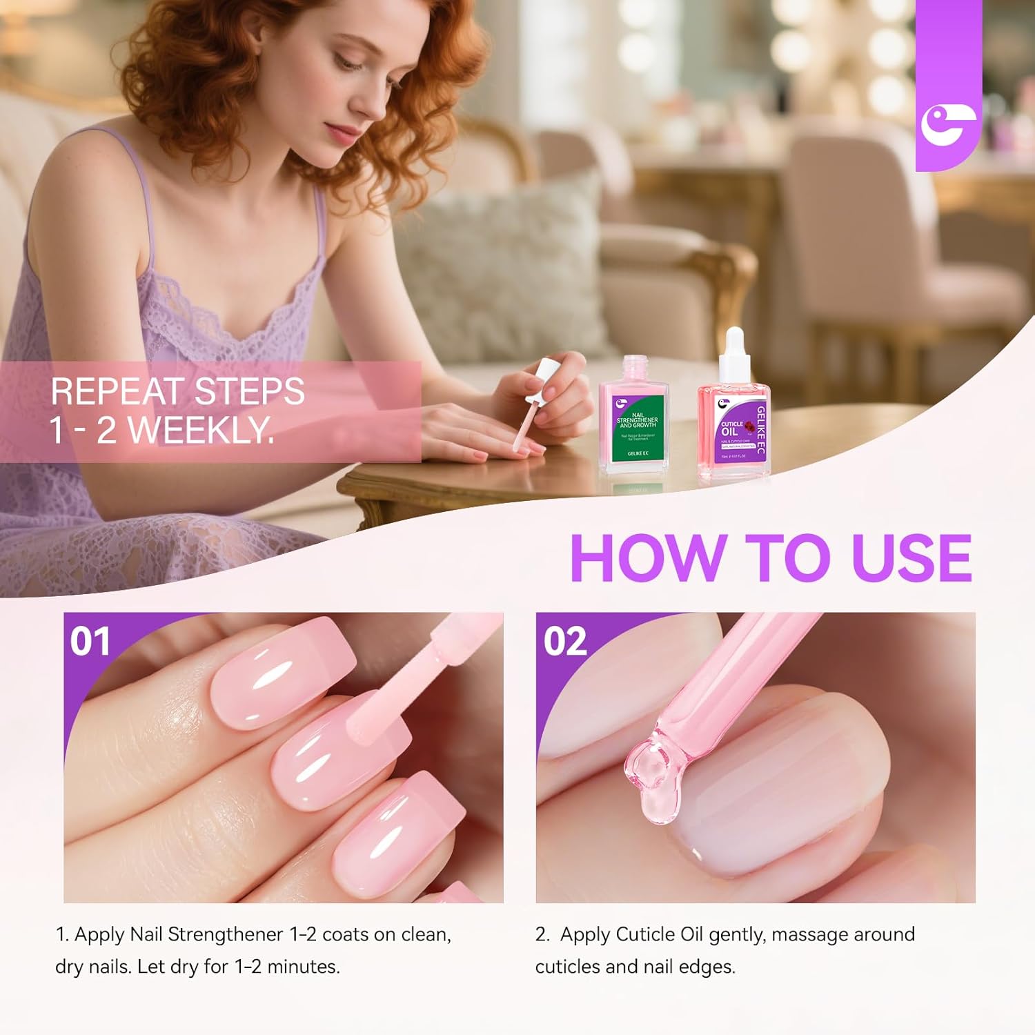Gelike EC Colorful Nail Growth Kit: Pink Nail Hardener & Rose Nail Growth Oil Set - Strengthen Brittle Nails with Floral Scent - Natural Acrylic Formula - Gift for Women Brides - Image 7