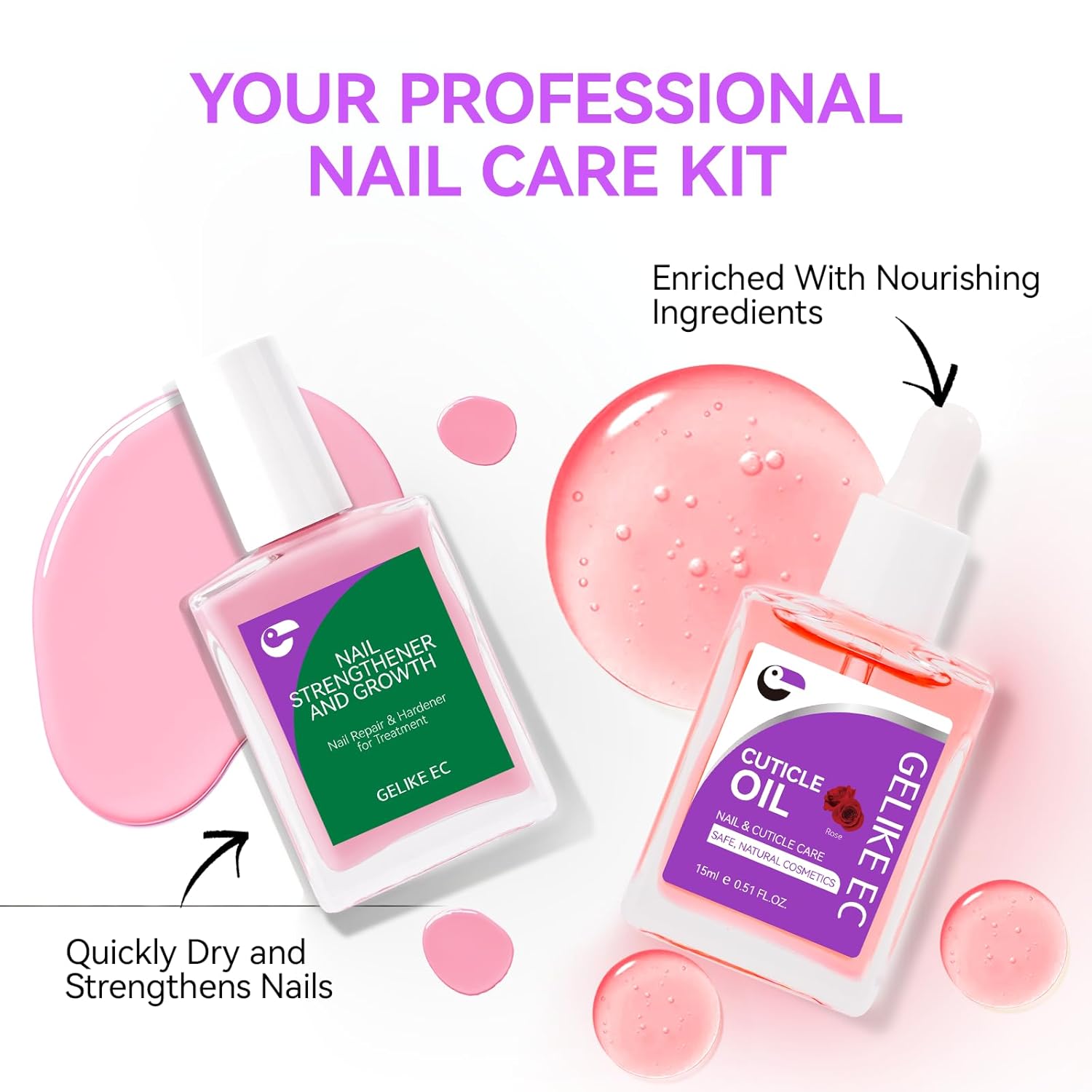 Gelike EC Colorful Nail Growth Kit: Pink Nail Hardener & Rose Nail Growth Oil Set - Strengthen Brittle Nails with Floral Scent - Natural Acrylic Formula - Gift for Women Brides - Image 6