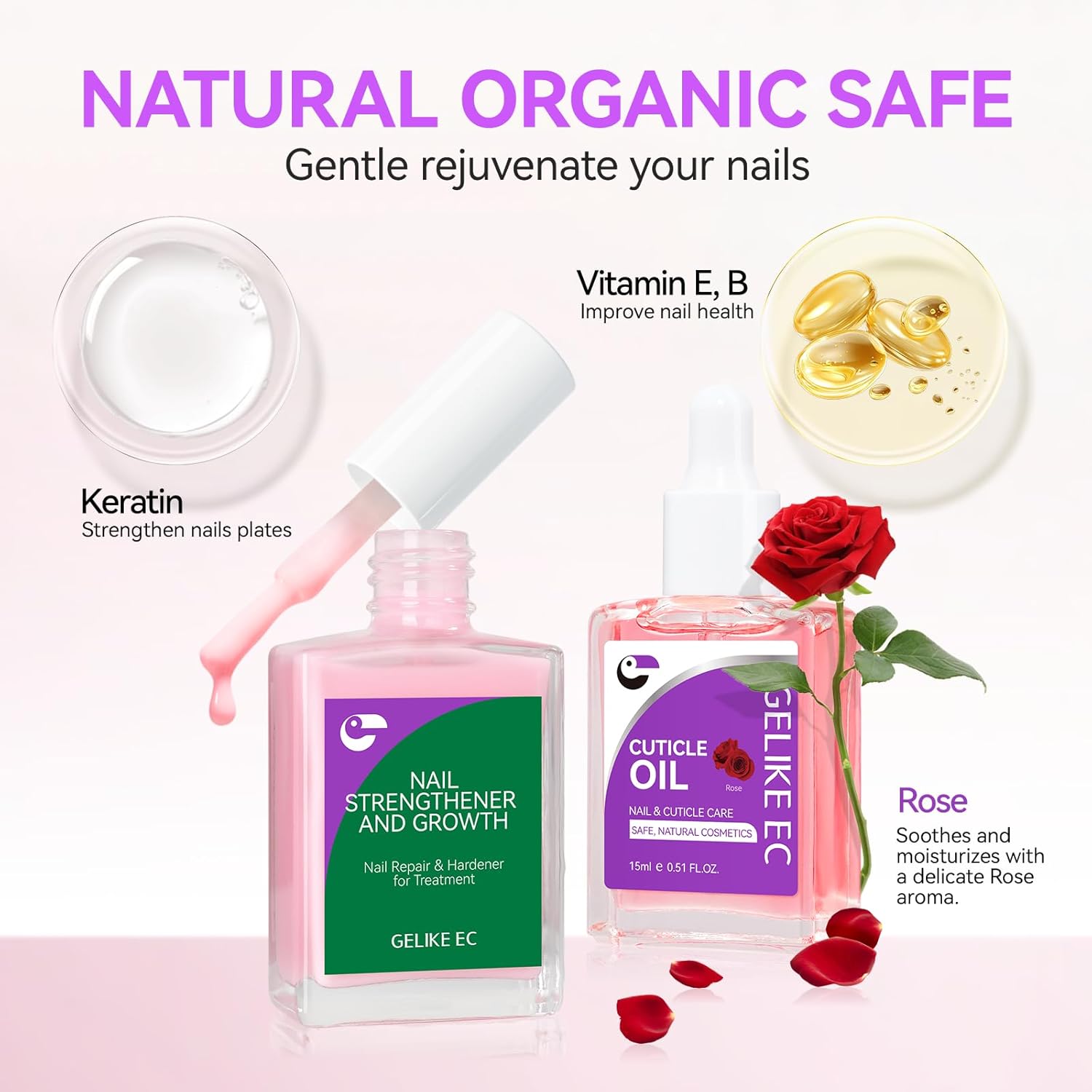 Gelike EC Colorful Nail Growth Kit: Pink Nail Hardener & Rose Nail Growth Oil Set - Strengthen Brittle Nails with Floral Scent - Natural Acrylic Formula - Gift for Women Brides - Image 4