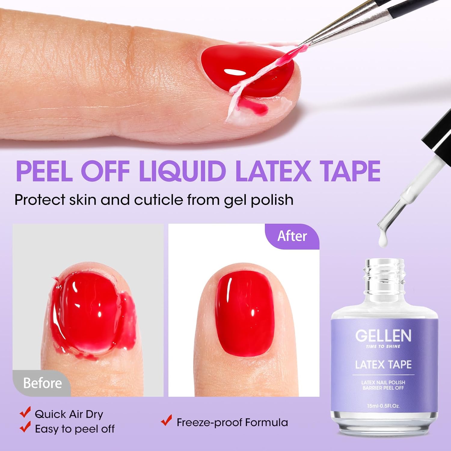 Gellen Gel Polish Remover Kit - Gel Nail Polish Remover 3-5 minutes Quick Removal, with Liquid Latex Tape Easy Peel Off & Nail Strengthener & Manicure Tools, No Need Wrapping or Soaking - Image 4