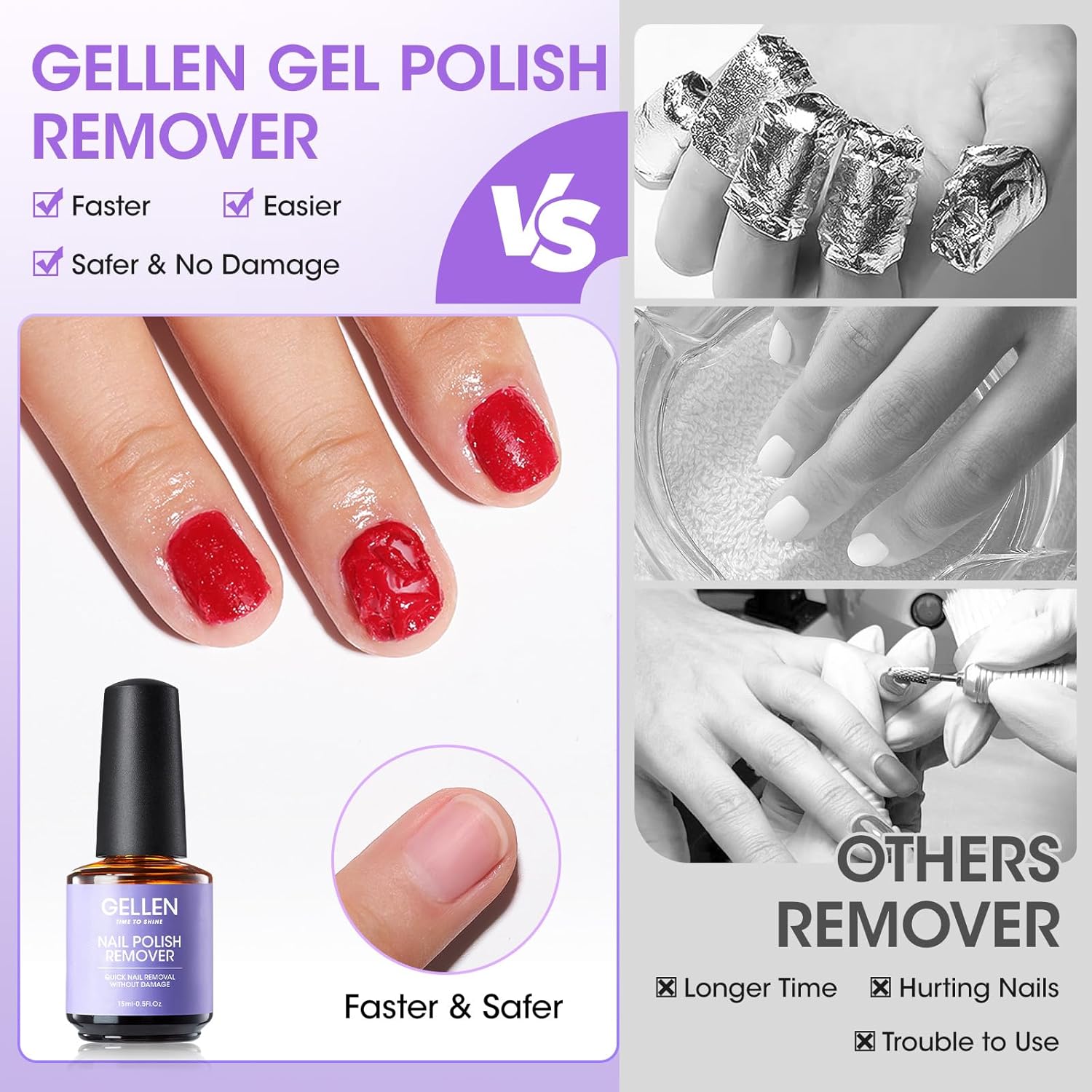 Gellen Gel Polish Remover Kit - Gel Nail Polish Remover 3-5 minutes Quick Removal, with Liquid Latex Tape Easy Peel Off & Nail Strengthener & Manicure Tools, No Need Wrapping or Soaking - Image 3