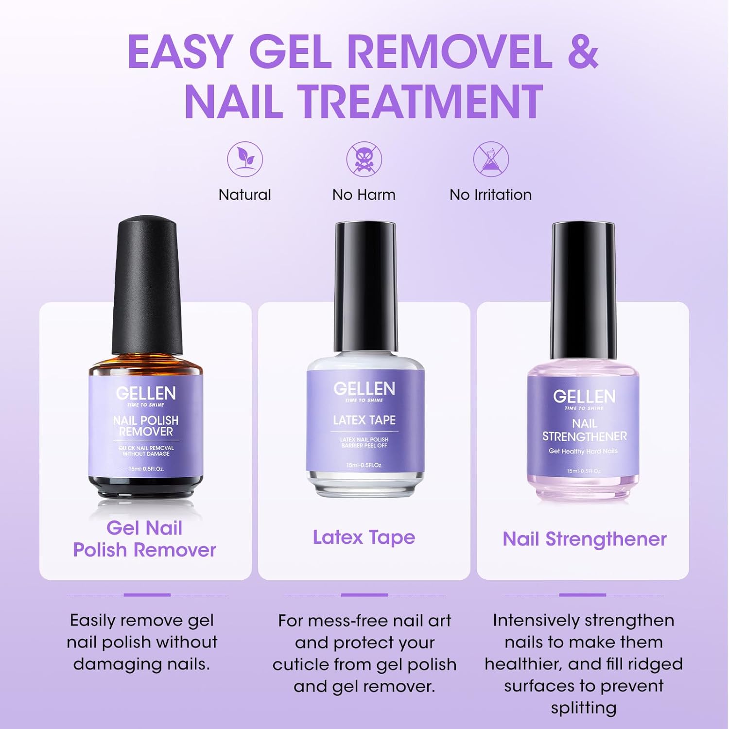 Gellen Gel Polish Remover Kit - Gel Nail Polish Remover 3-5 minutes Quick Removal, with Liquid Latex Tape Easy Peel Off & Nail Strengthener & Manicure Tools, No Need Wrapping or Soaking - Image 7