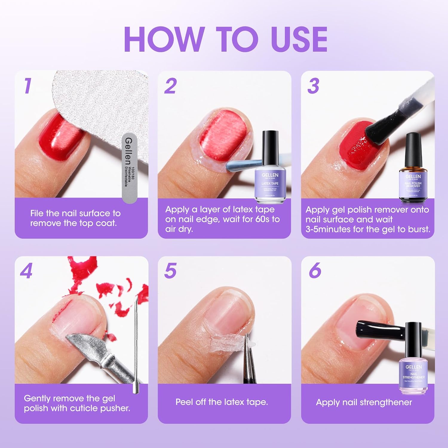 Gellen Gel Polish Remover Kit - Gel Nail Polish Remover 3-5 minutes Quick Removal, with Liquid Latex Tape Easy Peel Off & Nail Strengthener & Manicure Tools, No Need Wrapping or Soaking - Image 6