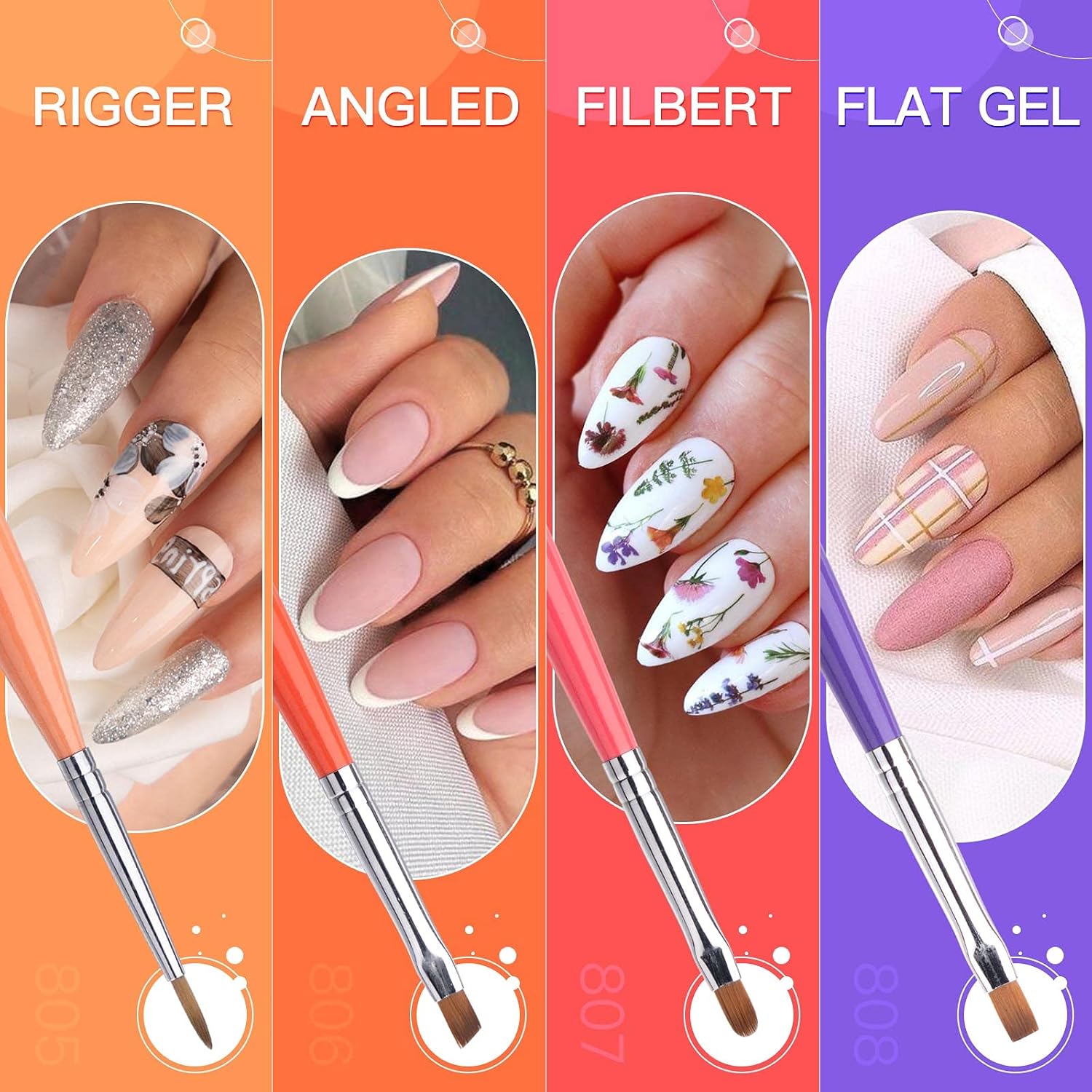 Gellen Nail Brushes for Nail Art 12Pcs - Nail Art Brushes Set Professional Acrylic & Gel Nail Brush Kit for Nail Art Design, Liner, Oval, Filbert, Fan, French Tip Nail Art Salon & Home DIY - Image 6