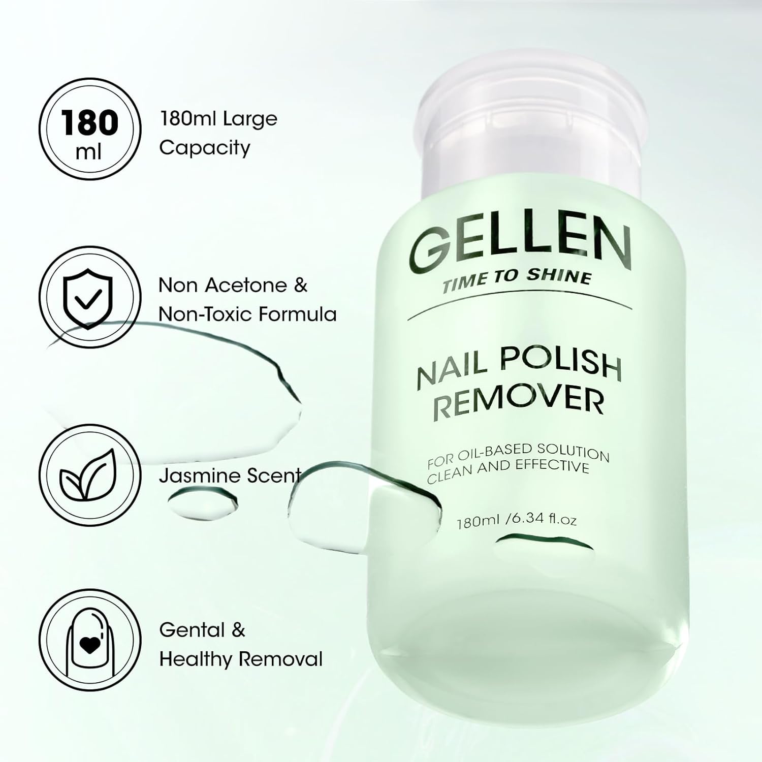 Gellen Nail Polish Remover, Non Acetone Nail Polish Removal for Regular Nail Polishes, Jasmine Scent Healthy Nail Polish Remover with Easy Push-down Pump, 6.34 Fl Oz - Image 2