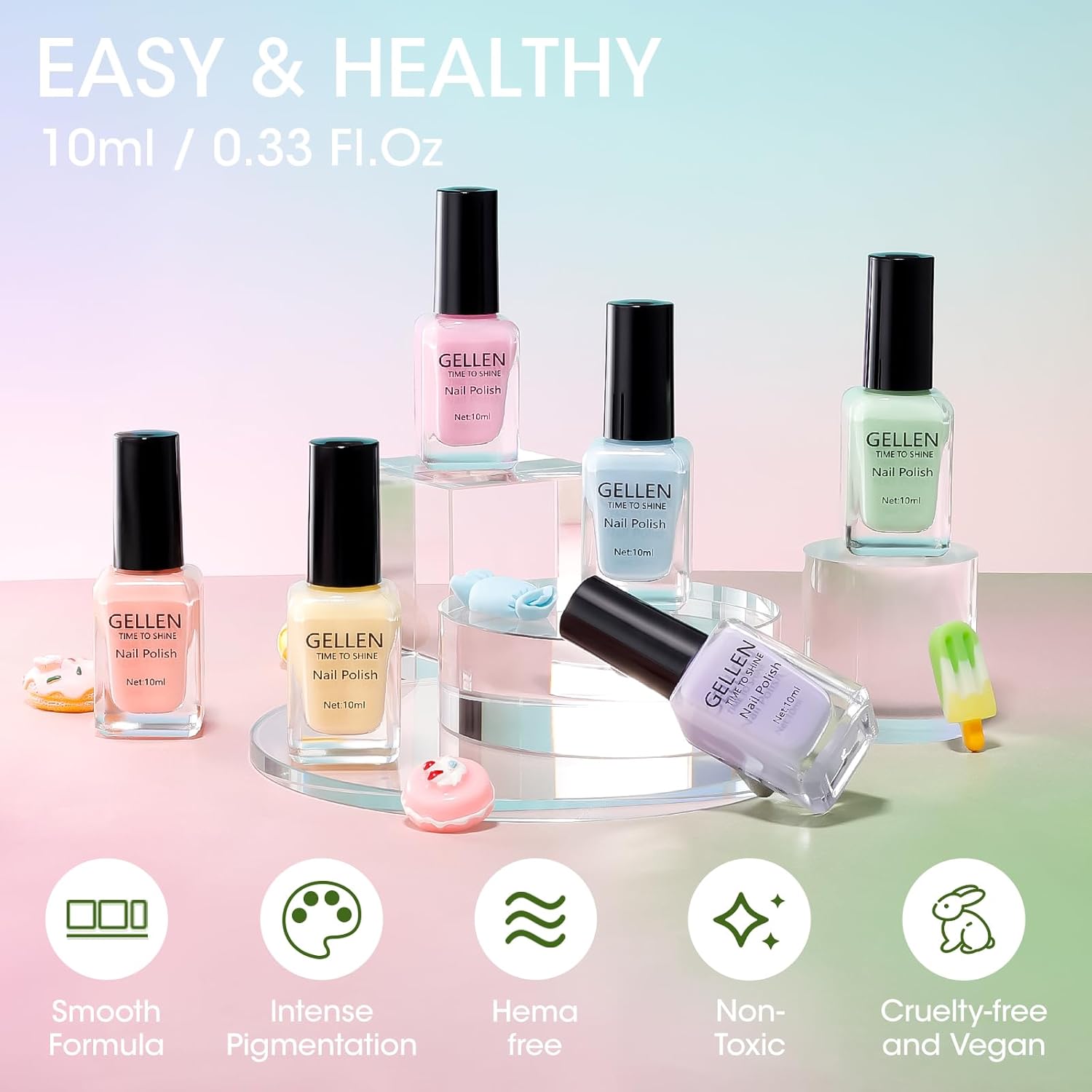 Gellen Pastel Regular Nail Polish Non Gel, Fast Air Drying Spring Summer Nail Polish No UV Light Needed Macaron 6 Colors Nude Pink Purple Blue Green Yellow Set for Women Manicure Home Salon, Hema Free - Image 7