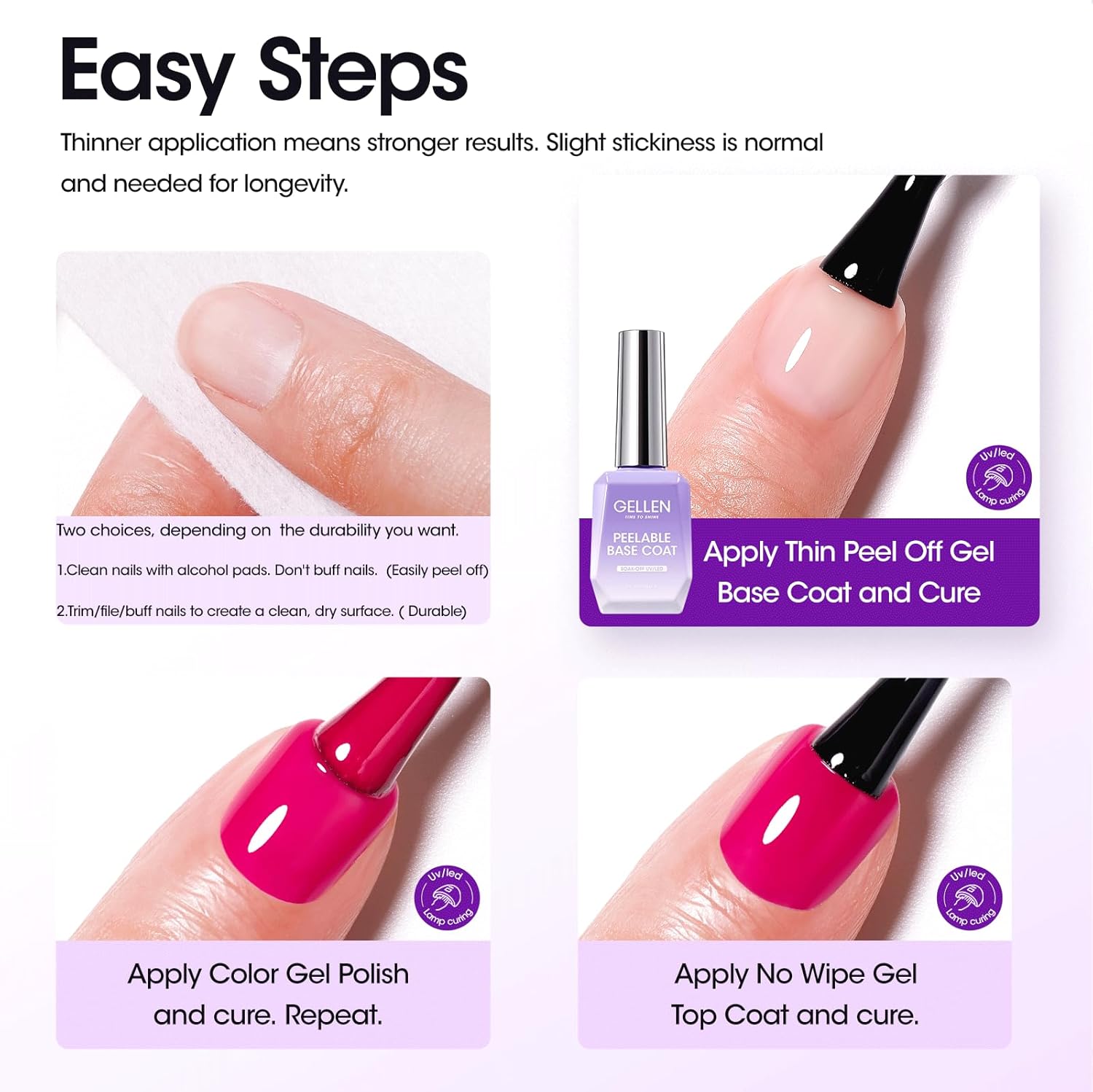 GELLEN Peel Off Gel Base Coat and Top Coat Set, No Filing Peelable Base Gel without Soaking, Clear Top Coat Nail Polish, UV LED Lamp Needed, Home DIY Nail Art Manicure Set - Image 9