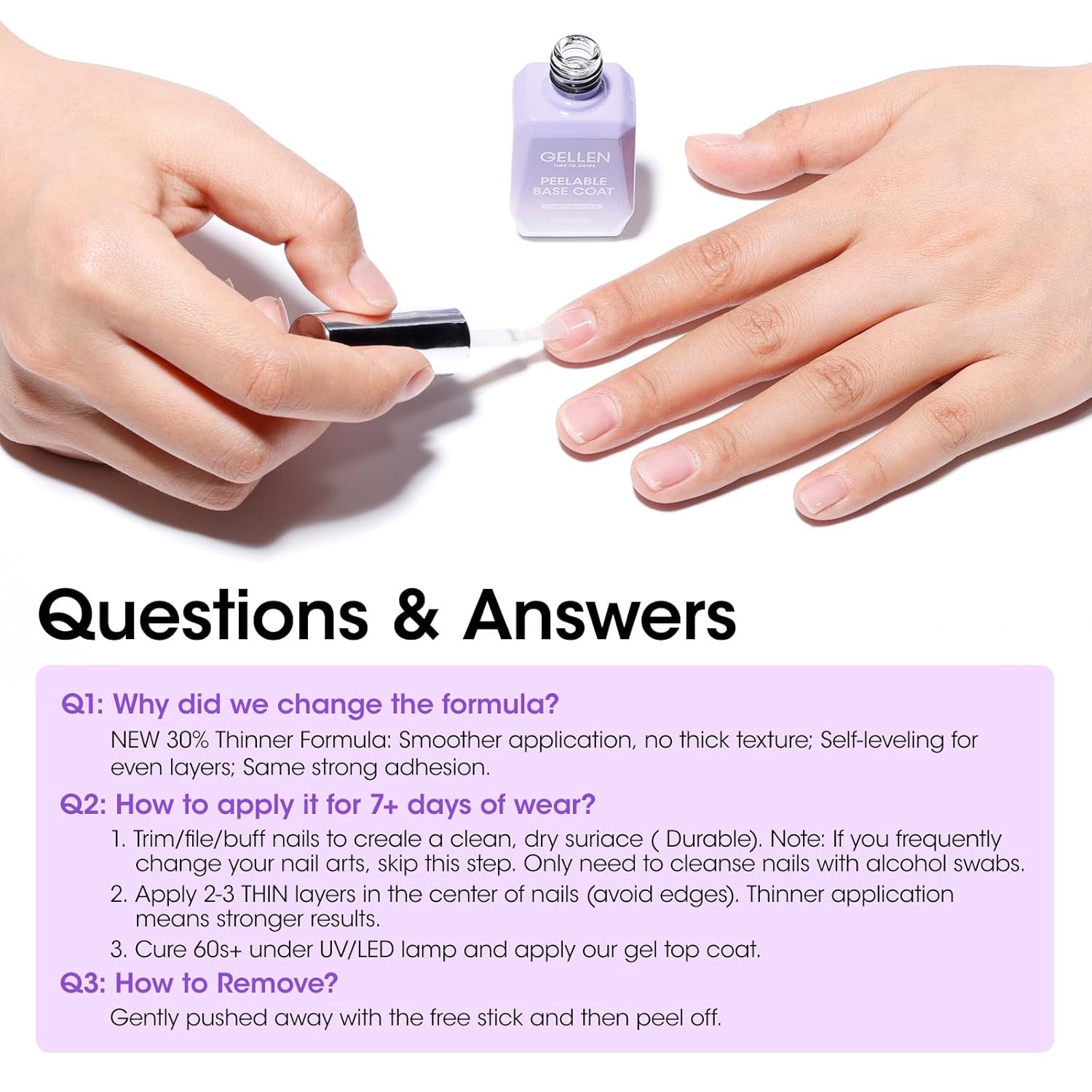 GELLEN Peel Off Gel Base Coat and Top Coat Set, No Filing Peelable Base Gel without Soaking, Clear Top Coat Nail Polish, UV LED Lamp Needed, Home DIY Nail Art Manicure Set - Image 6