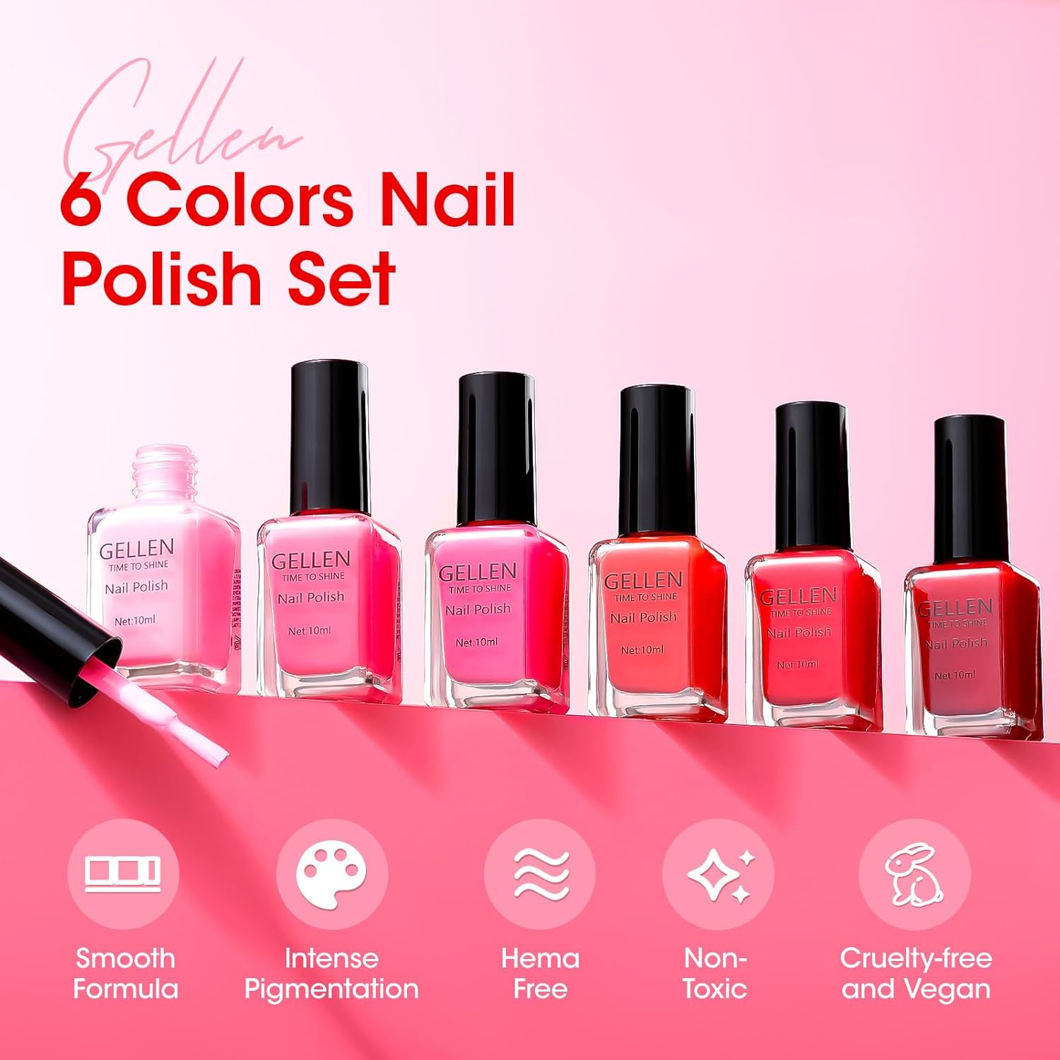 GELLEN Red Pink Nail Polish, Quick Air Dry Natural Traditional Regular Nail Polish Bright Red Hot Pink Set for Acrylic Natural Nails Home Salon, Non UV Gel, Chip Resistant, Hema Free, Non-toxic, 10ml - Image 6
