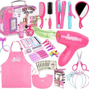 Gifts2U Hair Salon Toys for Girls, Girl Beauty Salon Playset Pretend Hair Styling Set with Blow Dryer, Barber Costume Apron, Scissors Styling Manu, Fake Money and Functional Stylist Accessories.