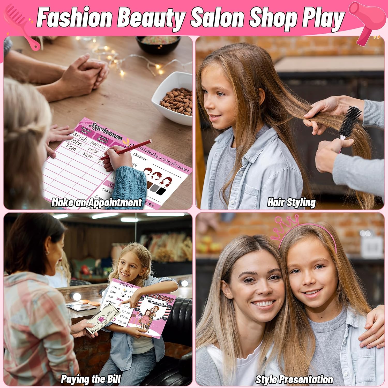 Gifts2U Hair Salon Toys for Girls, Girl Beauty Salon Playset Pretend Hair Styling Set with Blow Dryer, Barber Costume Apron, Scissors Styling Manu, Fake Money and Functional Stylist Accessories. - Image 7