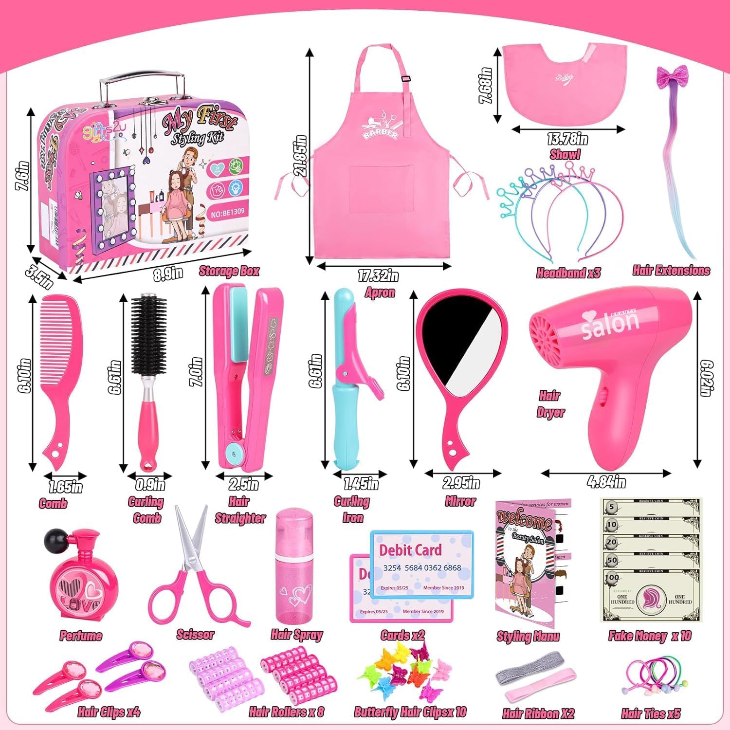 Gifts2U Hair Salon Toys for Girls, Girl Beauty Salon Playset Pretend Hair Styling Set with Blow Dryer, Barber Costume Apron, Scissors Styling Manu, Fake Money and Functional Stylist Accessories. - Image 5
