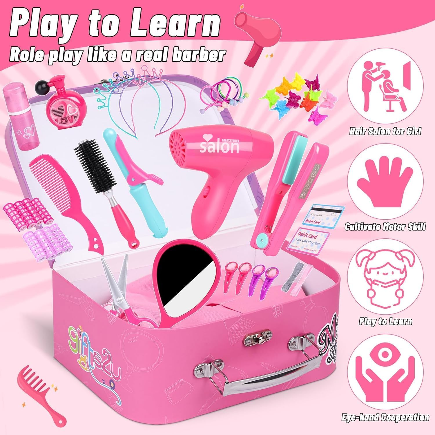 Gifts2U Hair Salon Toys for Girls, Girl Beauty Salon Playset Pretend Hair Styling Set with Blow Dryer, Barber Costume Apron, Scissors Styling Manu, Fake Money and Functional Stylist Accessories. - Image 3