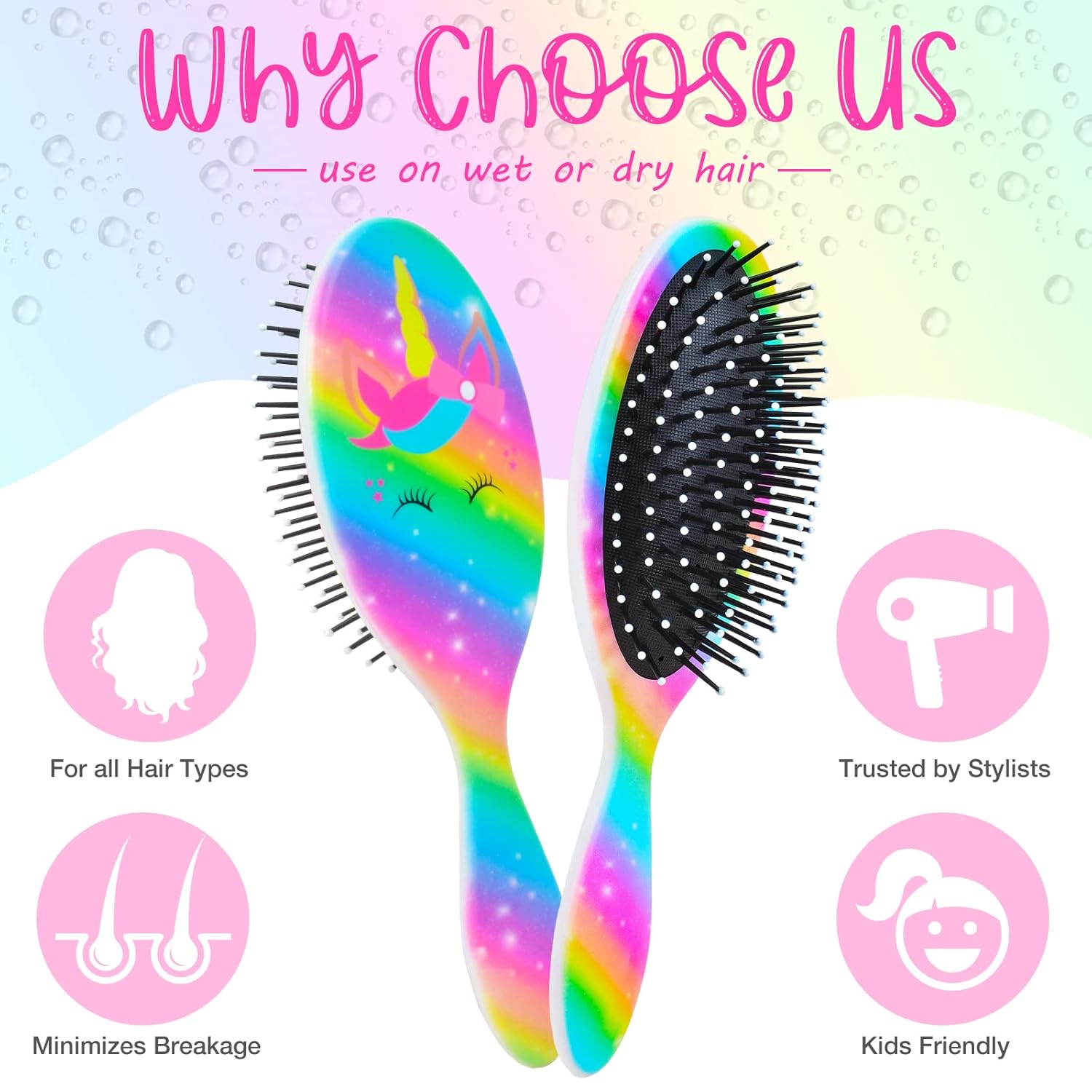 Girls Detangling Brush for Curly, Wet/Dry, Thick Hair - Pain-Free Brushing for Women (Rainbow Unicorn) - Image 4