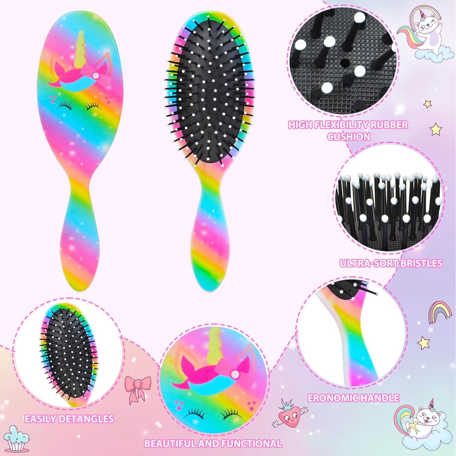 Girls Detangling Brush for Curly, Wet/Dry, Thick Hair - Pain-Free Brushing for Women (Rainbow Unicorn) - Image 2