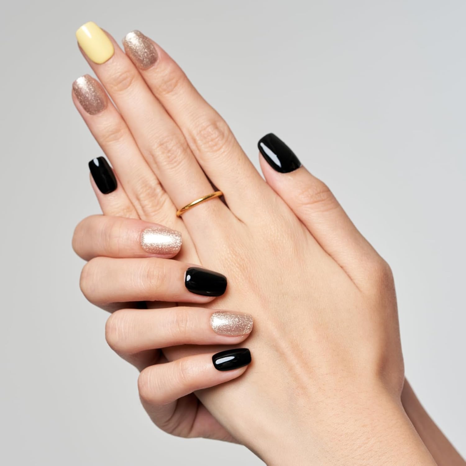 GLAMERMAID Press on Nails Extra Short Square, Fall Glitter Yellow and Black Gel Glue on Nails, Glossy Fake Nails Reusable Acrylic False Nails Manicure Kits for Women - Image 5