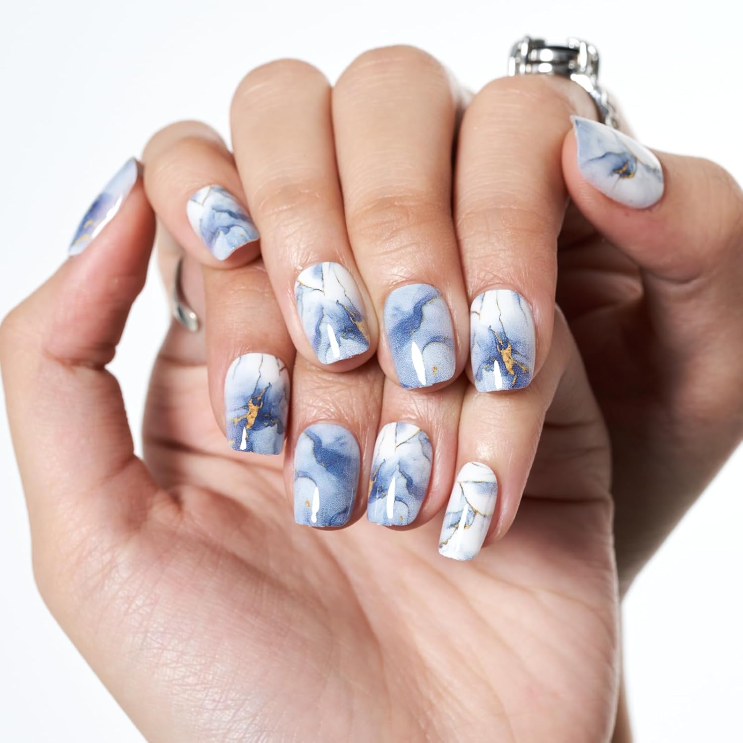 GLAMERMAID Press on Nails Extra Short Square, Winter Blue and White Marble Flower Gel Glue on Nails, Glossy Fake Nails Reusable Acrylic False Nails Manicure Kits for Women
