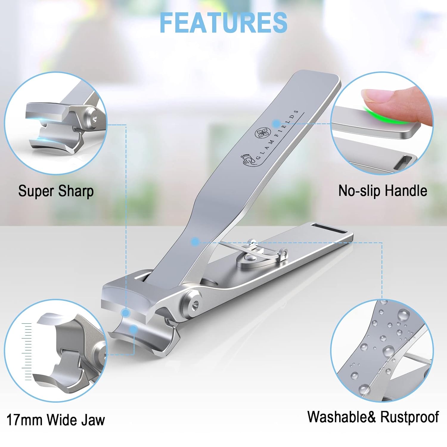 GLAMFIELDS Nail Clippers, 17mm Wide Jaw Opening Toenail Clippers for Seniors Thick Toenails/Ingrown Toenail Treatment, Heavy Duty Fingernail Clipper for Manicure, Pedicure, Men & Women Big(Silver) - Image 4