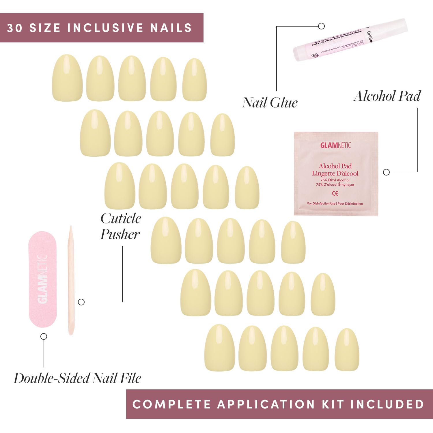 Glamnetic Press On Nails - Pastel Yellow | Short Oval Glossy Light Yellow Fake Nails, Reusable Spring Nails | 15 Sizes - 30 Nail Kit with Glue - Image 4