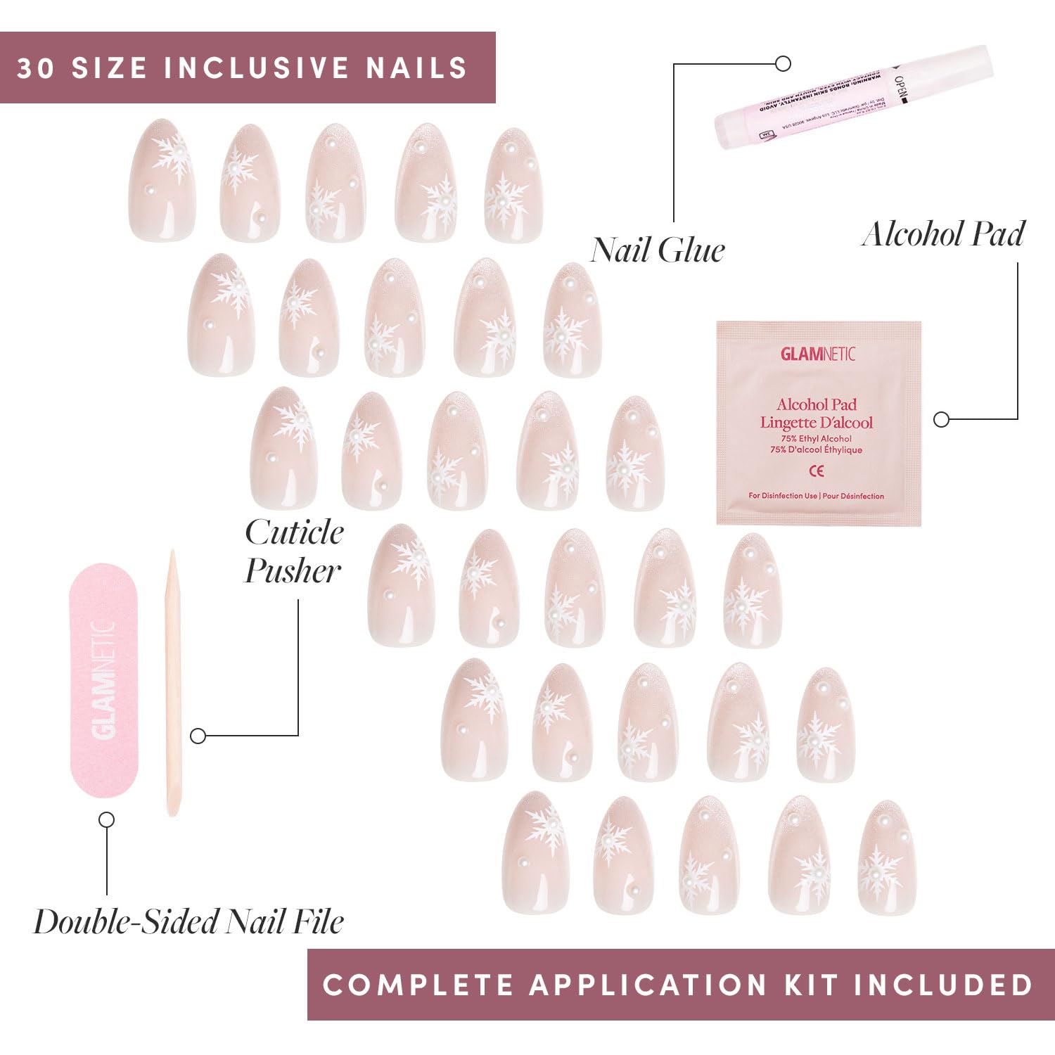 Glamnetic Press On Nails - Snowfall | Semi-Transparent Snowflake & 3D Pearl Accent Almond False Nails, Reusable Stick On Fake Nails with Glue | Salon Quality | 15 Sizes - 30 Nail Kit - Image 4