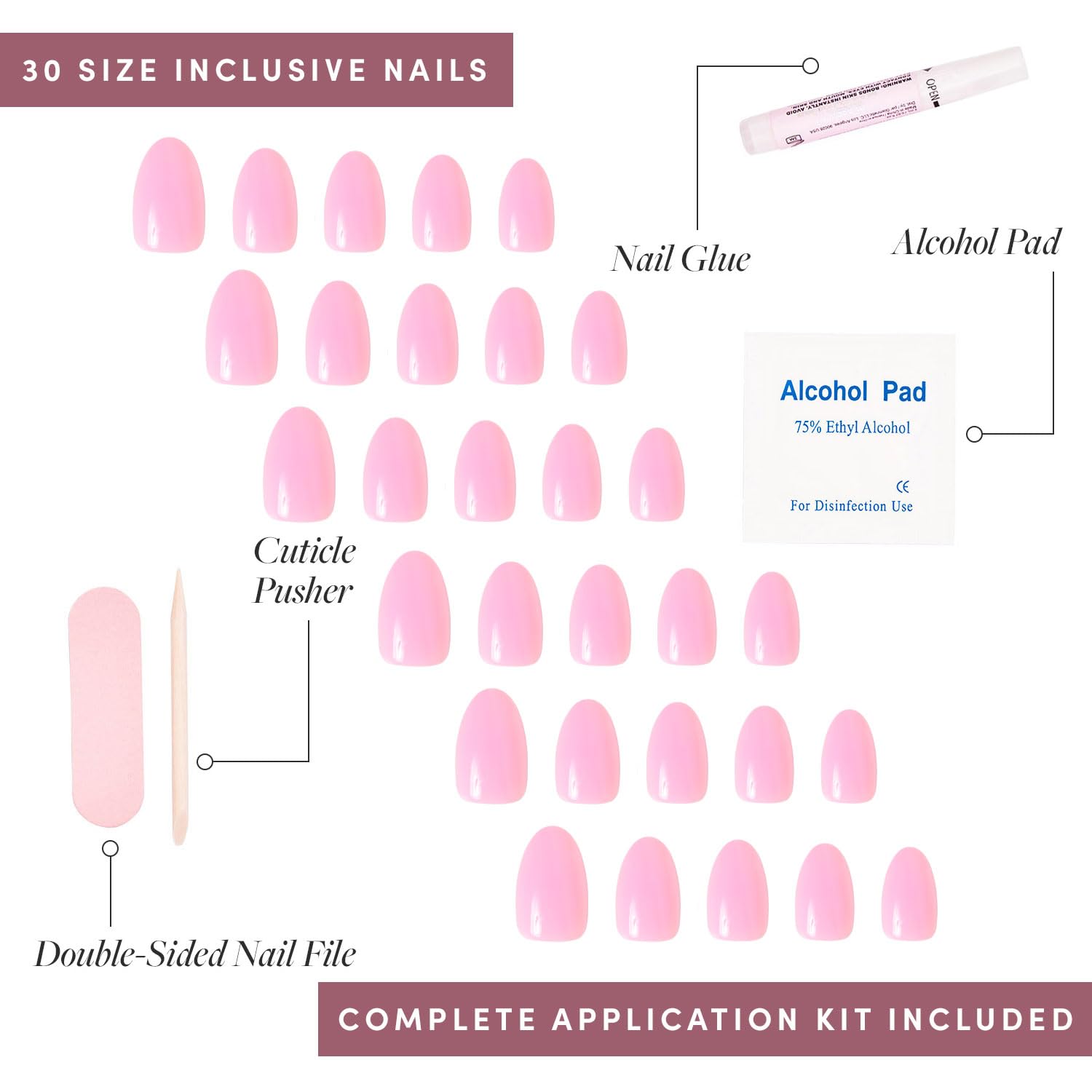 Glamnetic Press On Nails - Think Pink | Solid Opaque Light Pastel Pink Short Oval Nails, Reusable | 15 Sizes - 30 Nail Kit - Image 4