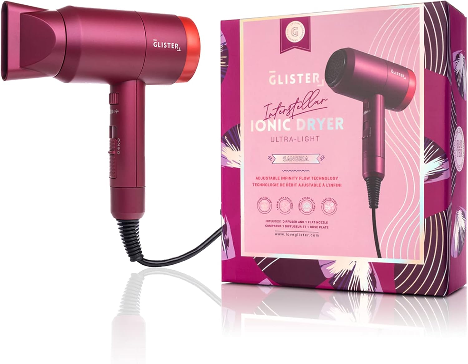Glister Interstellar, Lightweight Blow Dryer, Fast Drying Negative Ion Hairdryer Blowdryer, 3 Heat Settings & Infinity Speed, with Diffuser and Concentrator Nozzle for Home & Travel - (Red) - Image 4