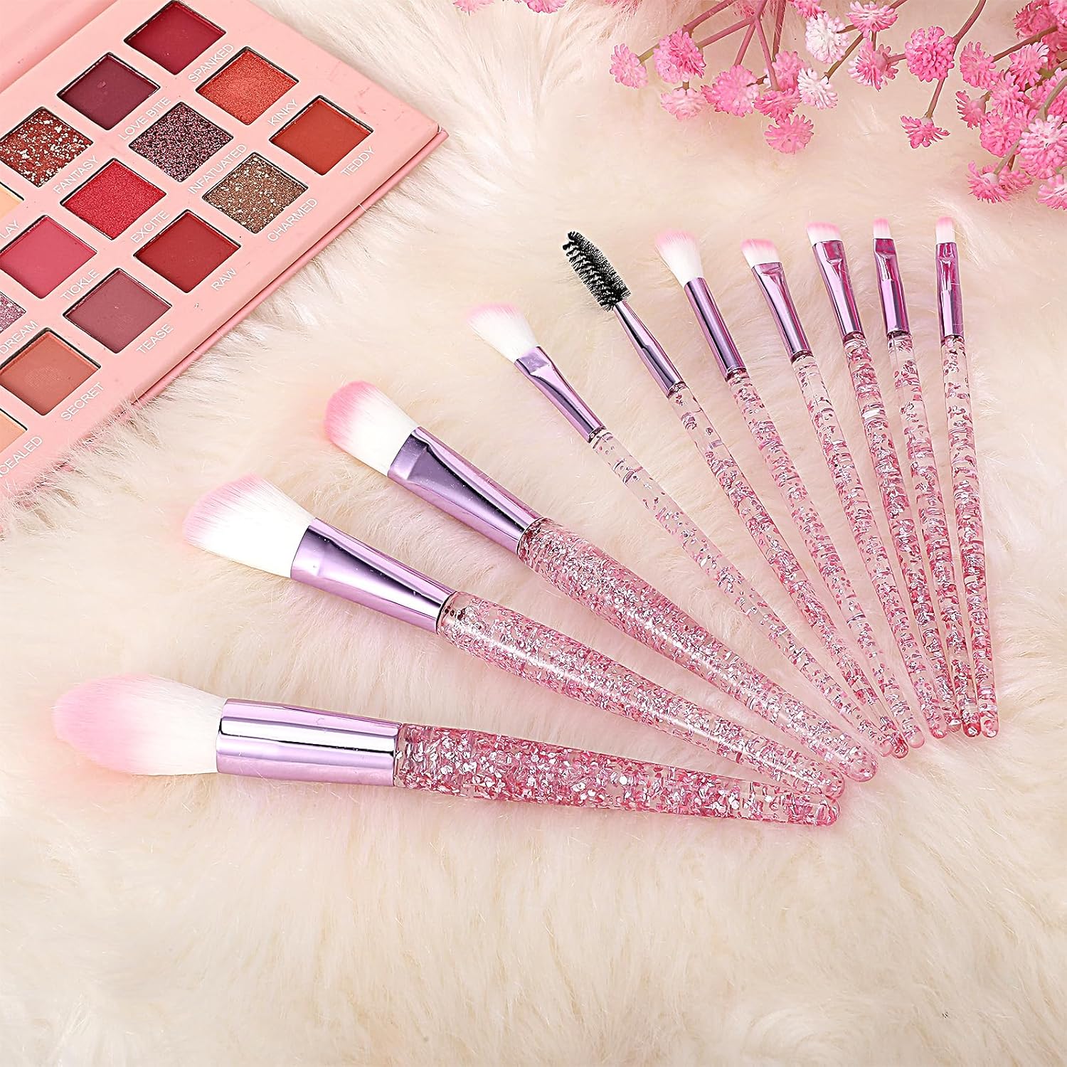 Glitter Crystal Makeup Brush Set, 10Pcs Rose Pink Crystal Sparkle Makeup Brushes Kit, Premium Cosmetic Brush Set for Foundation Powder Liquid Cream Blending Eye Shadow Eyebrow Blush Concealer - Image 5