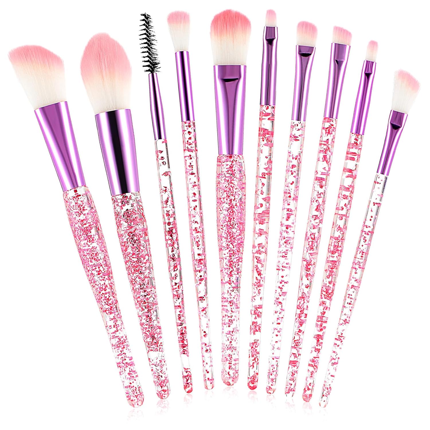 Glitter Crystal Makeup Brush Set, 10Pcs Rose Pink Crystal Sparkle Makeup Brushes Kit, Premium Cosmetic Brush Set for Foundation Powder Liquid Cream Blending Eye Shadow Eyebrow Blush Concealer